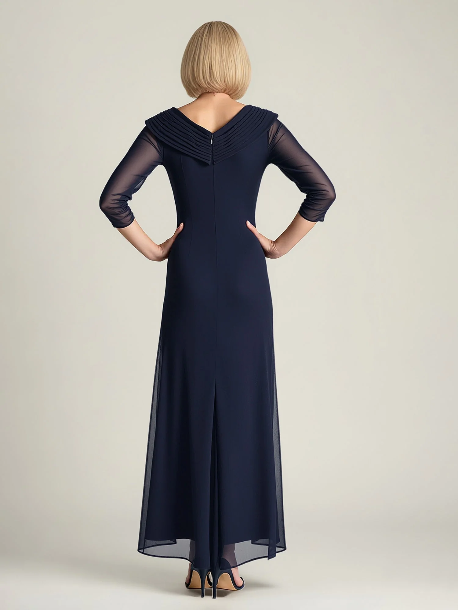 Chiffon Ruched Bodice Formal Gown with Sheer Sleeves Peach - Image 2