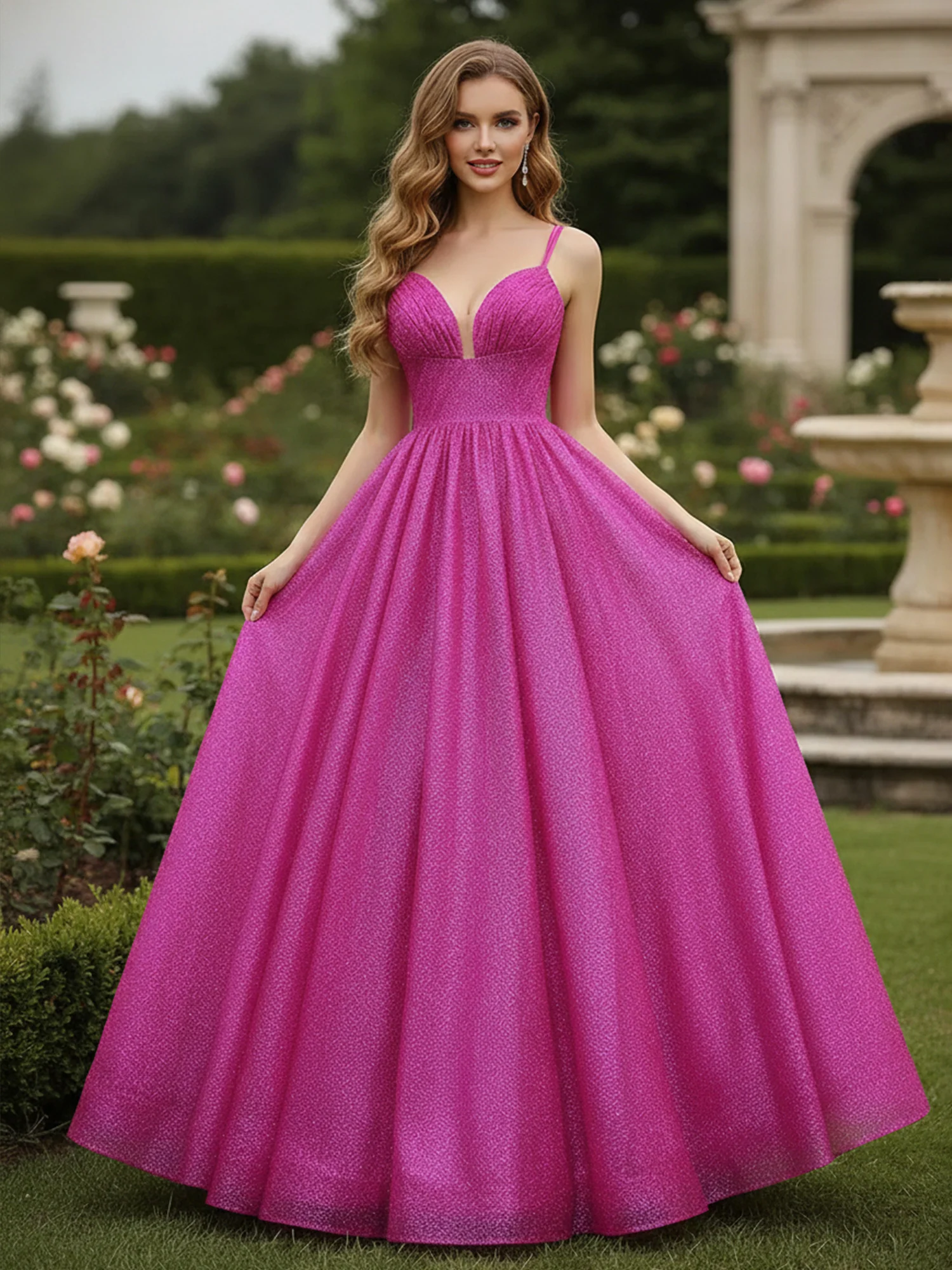 Glitter Sweetheart Neck A-Line Ruched Long Dress Orchid