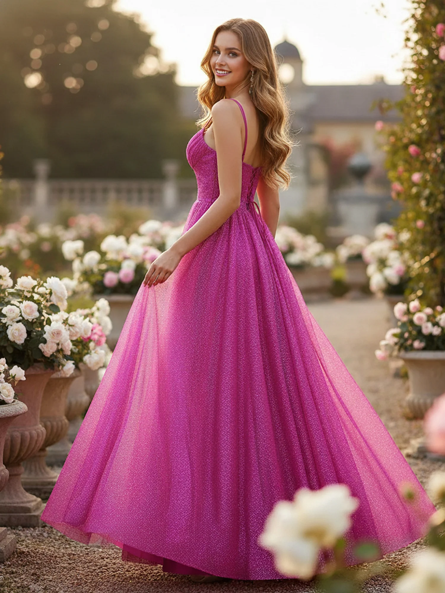 Glitter Sweetheart Neck A-Line Ruched Long Dress Orchid - Image 2