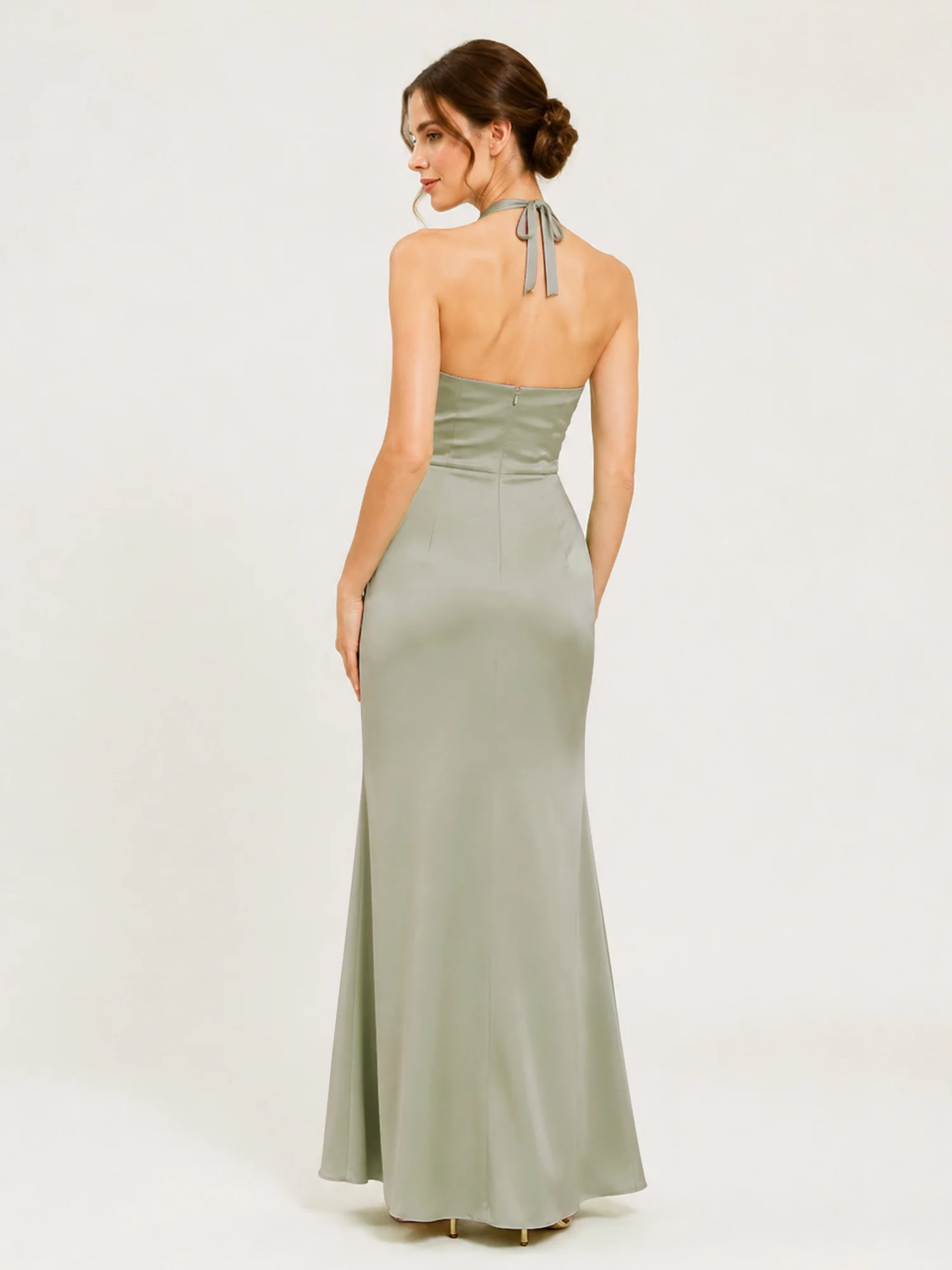 Halter Neck Satin Gown with Twisted Knot Waist Detail Dusty Sage - Image 2