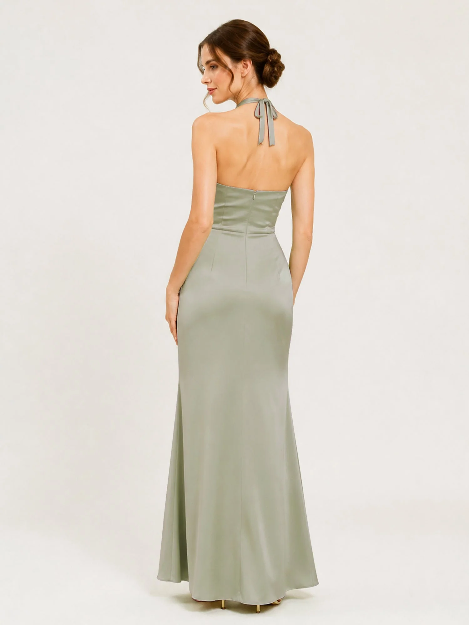 Halter Neck Satin Gown with Twisted Knot Waist Detail Peacock - Image 2