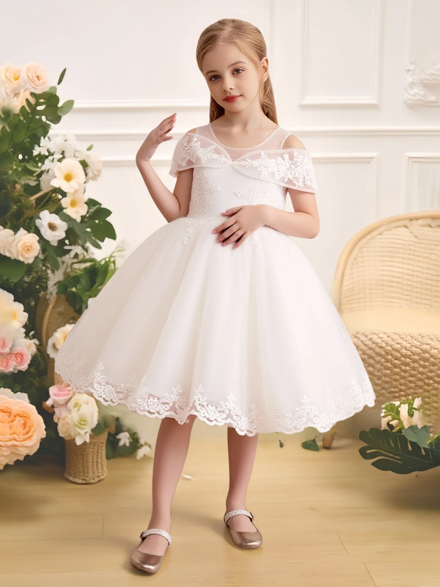 Illusion Neck Lace Off-Shoulder Tulle Flower Girl Dress White