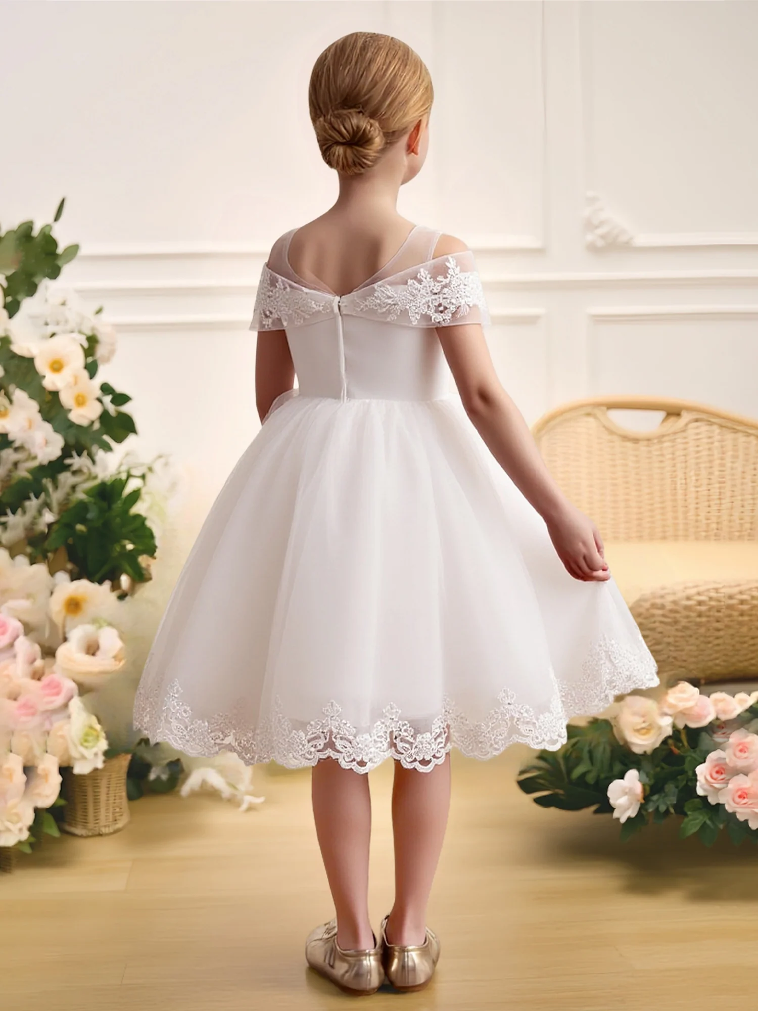 Illusion Neck Lace Off-Shoulder Tulle Flower Girl Dress White - Image 2