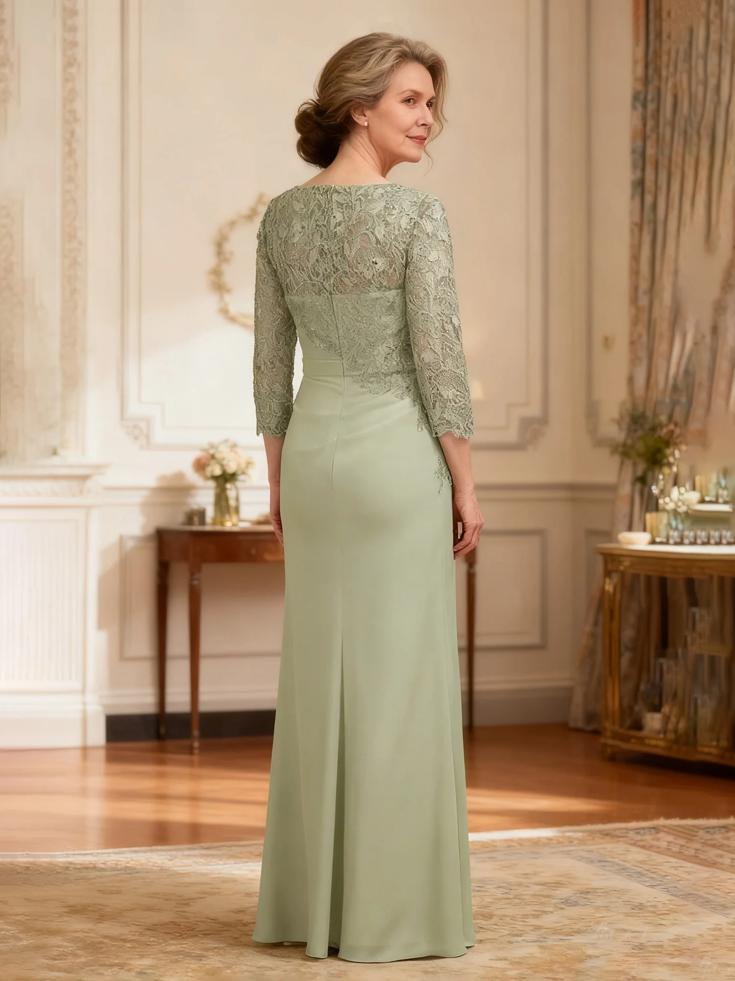 Elegant Illusion Neckline Formal Dress with Ruche Detail Dusty Sage - Image 2