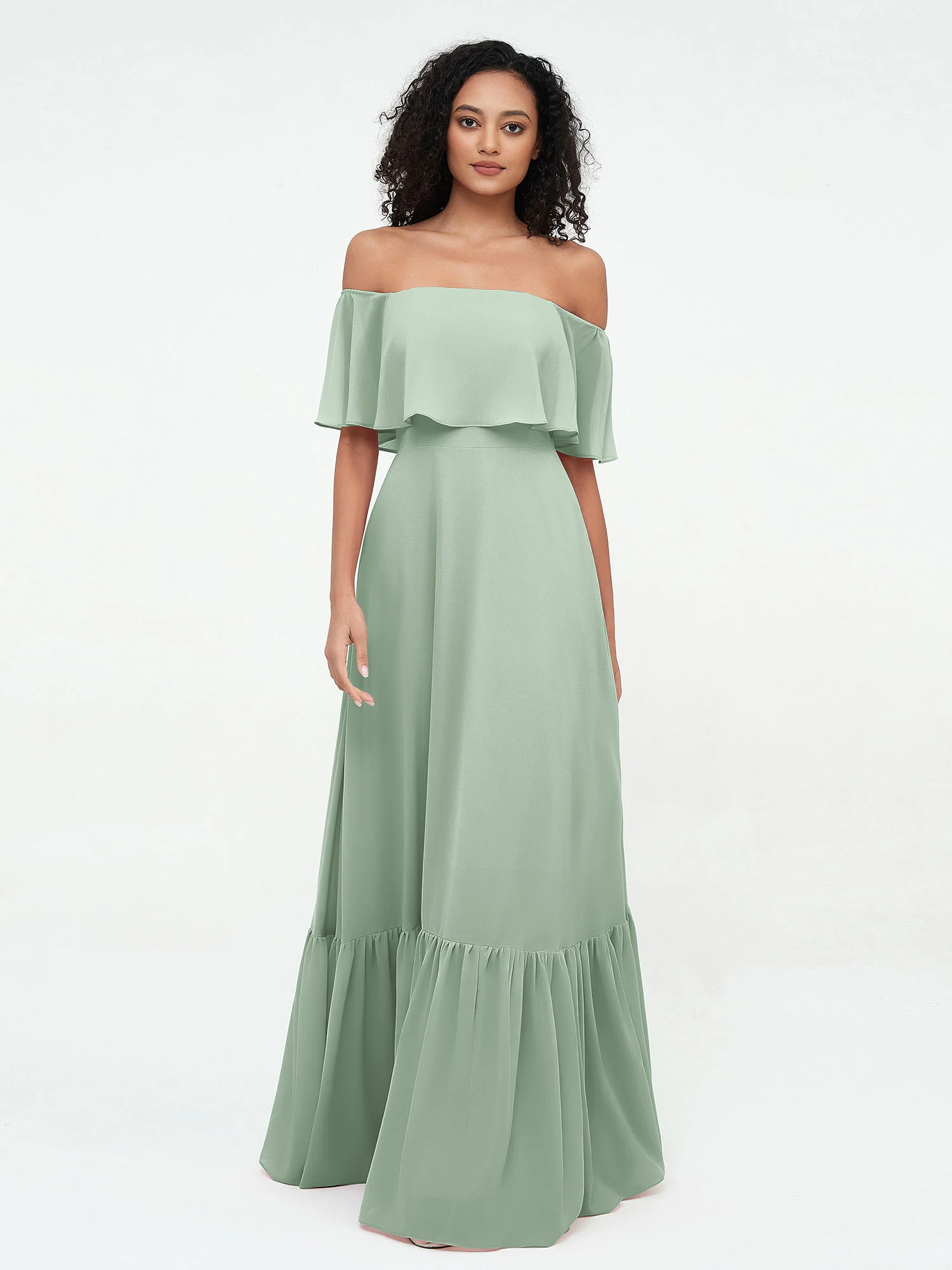 Off Shoulder Chiffon Tiered Skirt Max Dresses-Agave