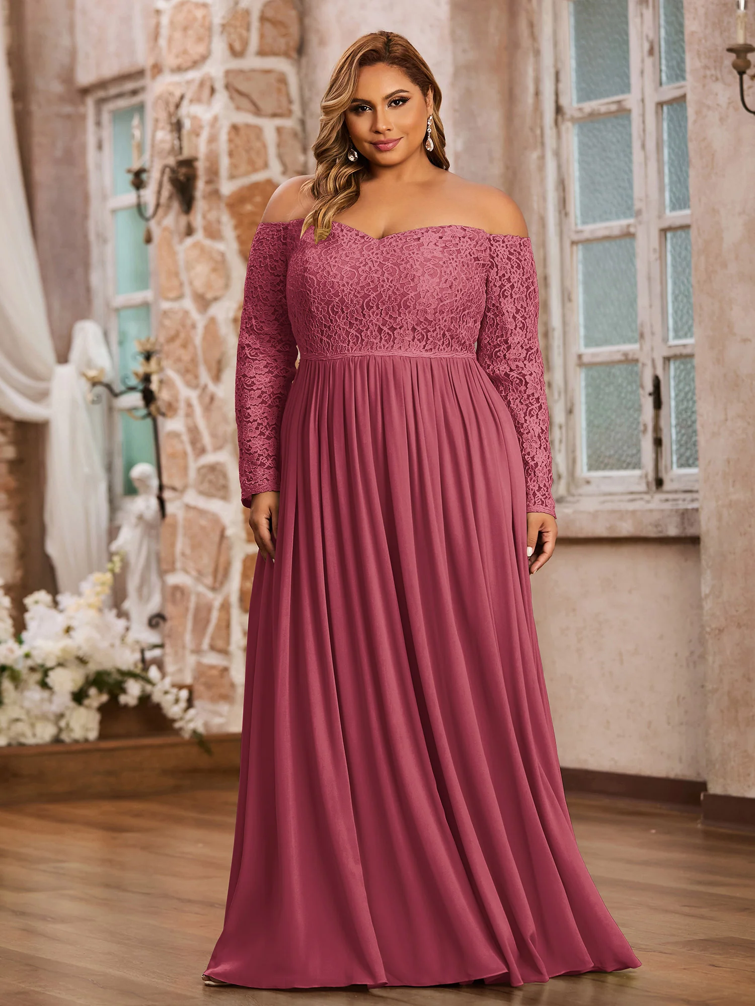 Off Shoulder Lace Top Long Sleeves Dresses-Cinnamon Rose Plus Size