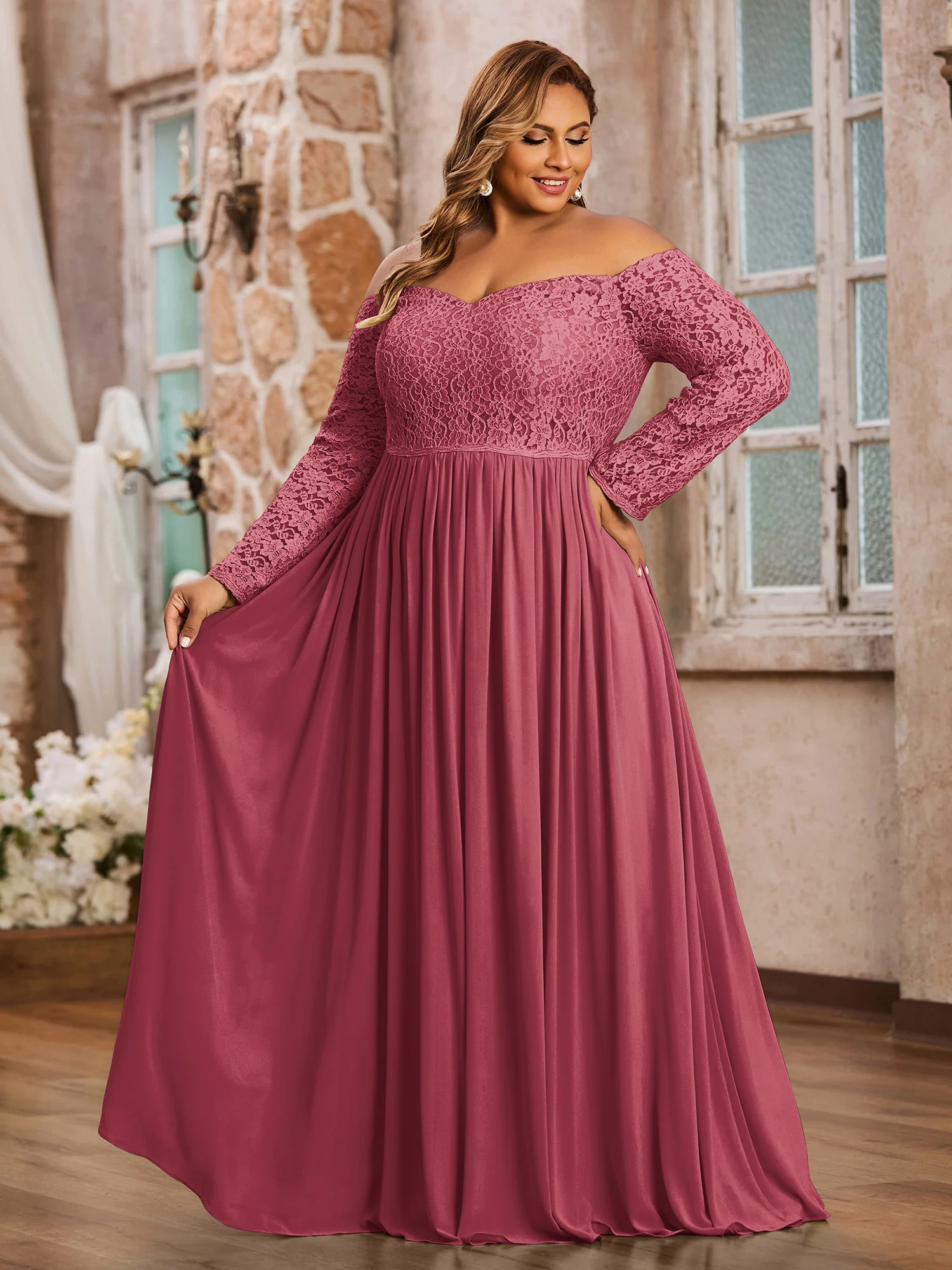 Off Shoulder Lace Top Long Sleeves Dresses-Cinnamon Rose Plus Size - Image 3
