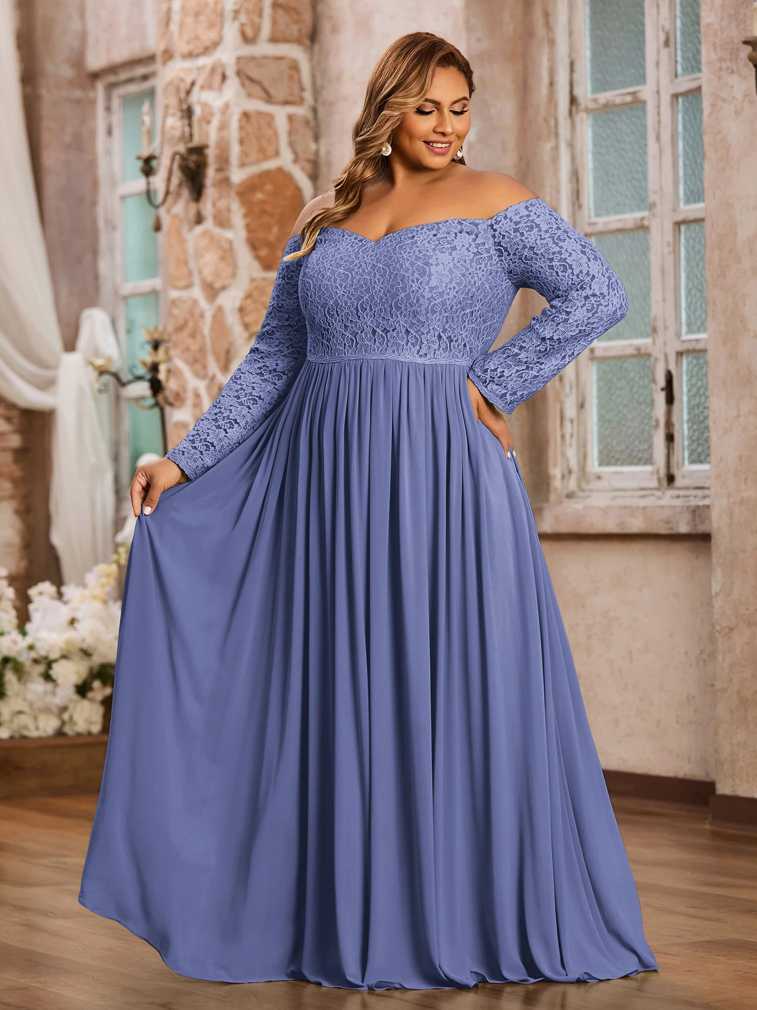 Off Shoulder Lace Top Long Sleeves Dresses-Periwinkle - Image 3