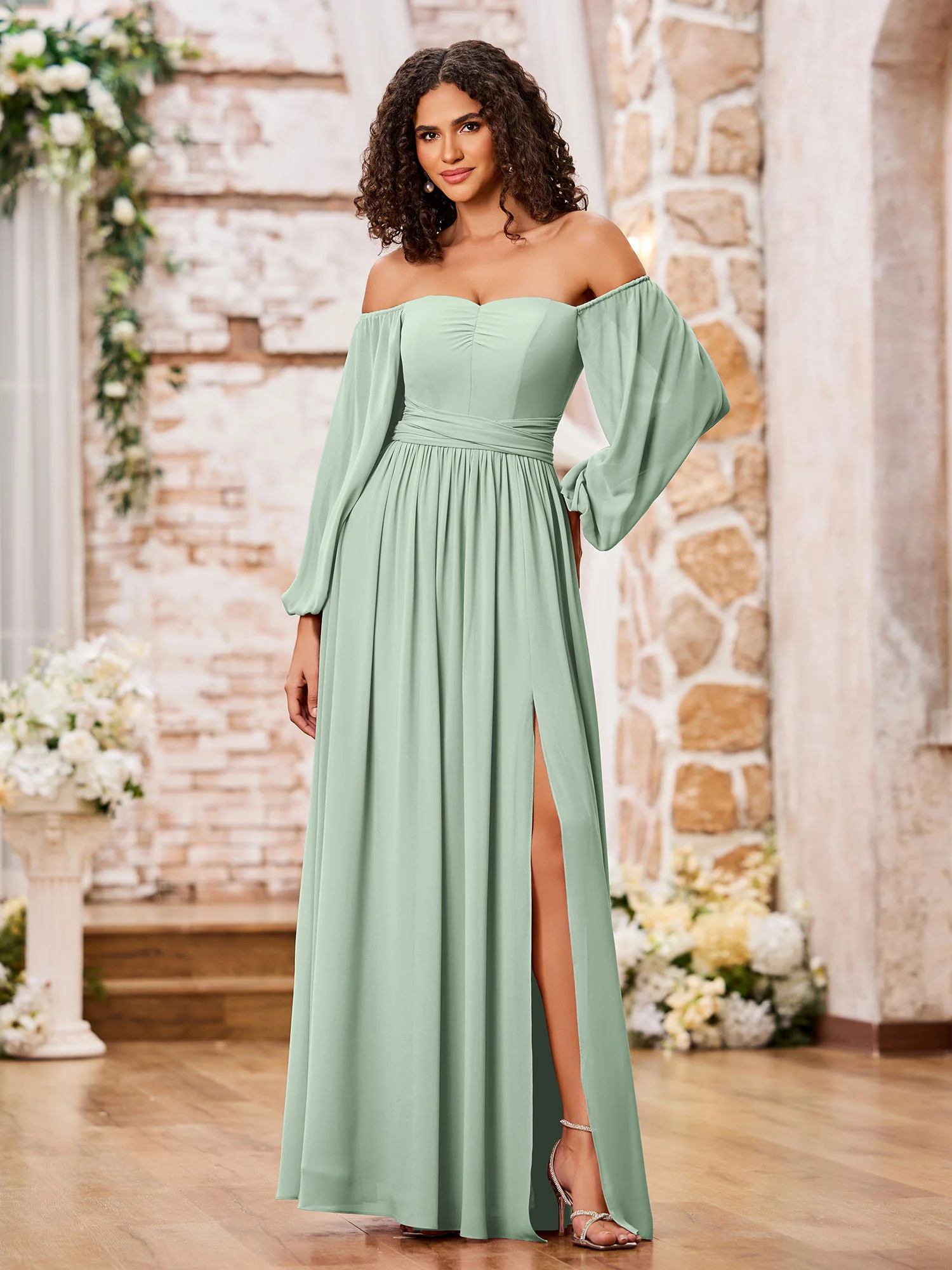 Off Shoulder Long Sleeves Chiffon Dresses with Slit Agave