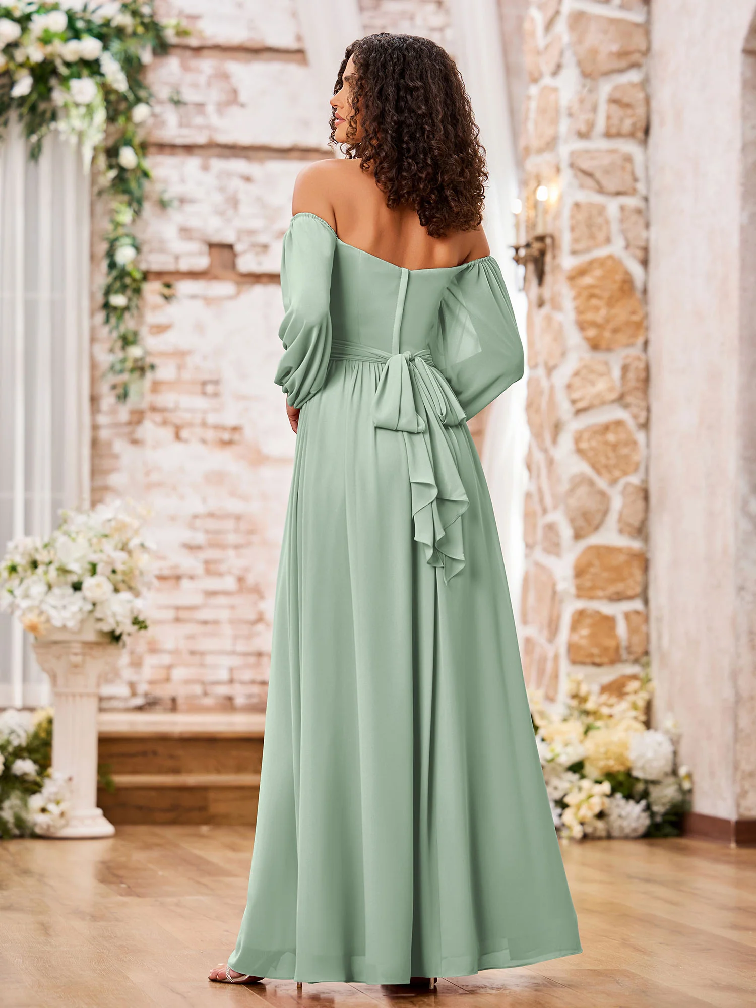 Off Shoulder Long Sleeves Chiffon Dresses with Slit Agave - Image 2