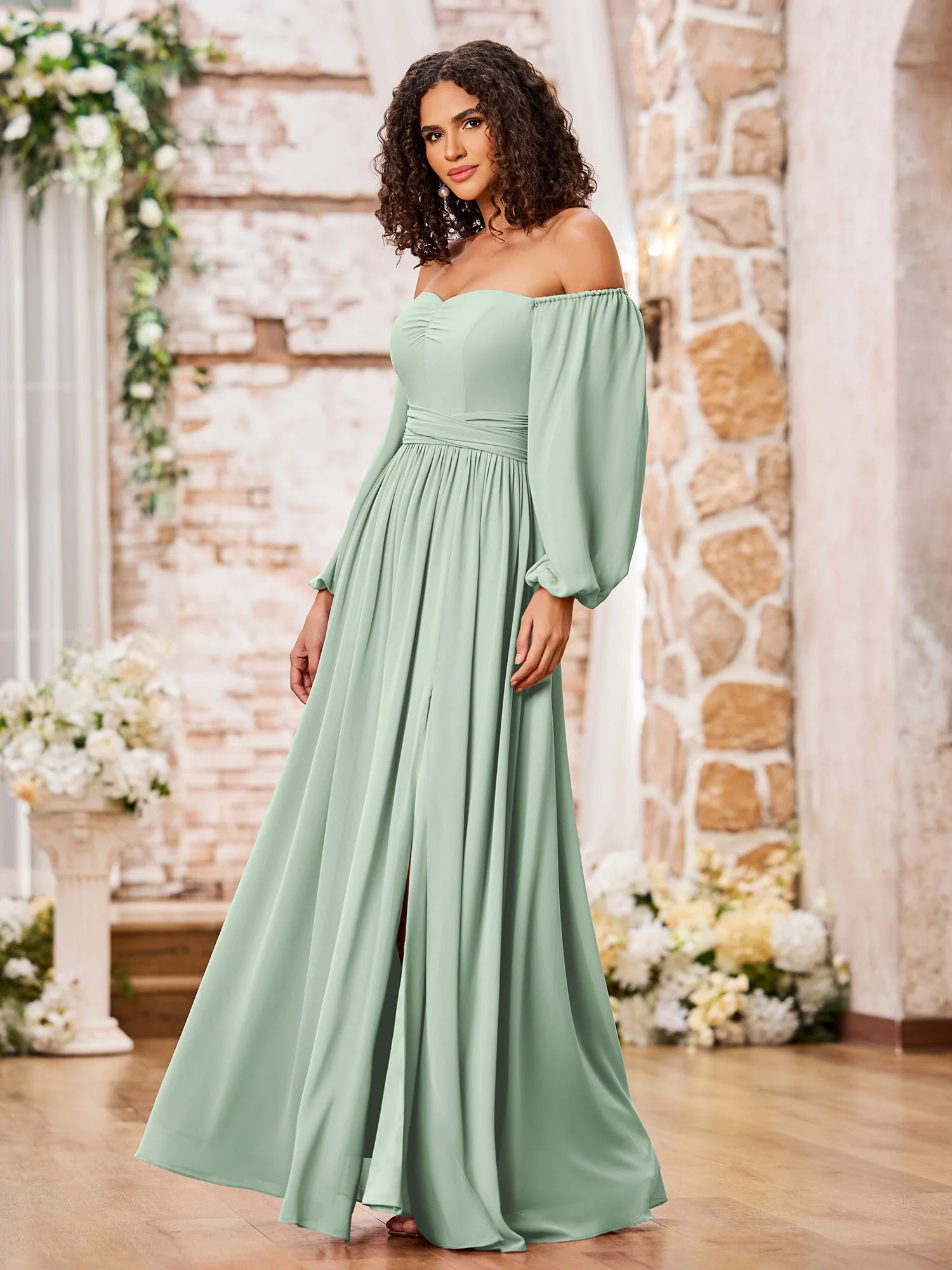 Off Shoulder Long Sleeves Chiffon Dresses with Slit Agave - Image 3