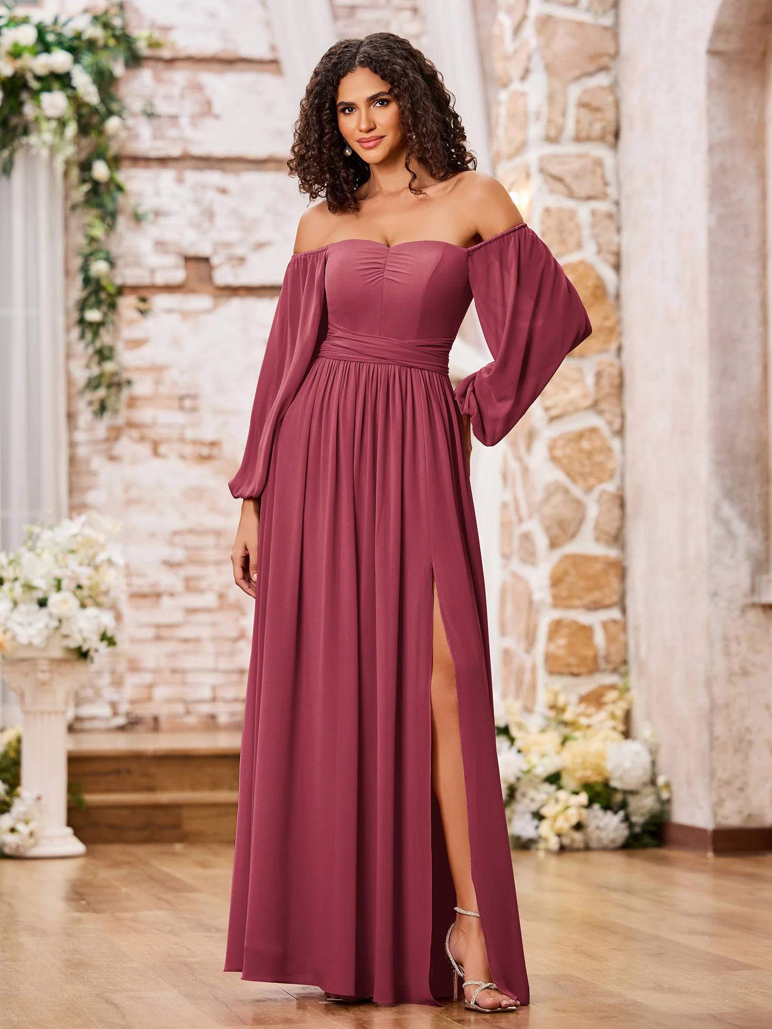 Off Shoulder Long Sleeves Chiffon Dresses with Slit Cinnamon Rose