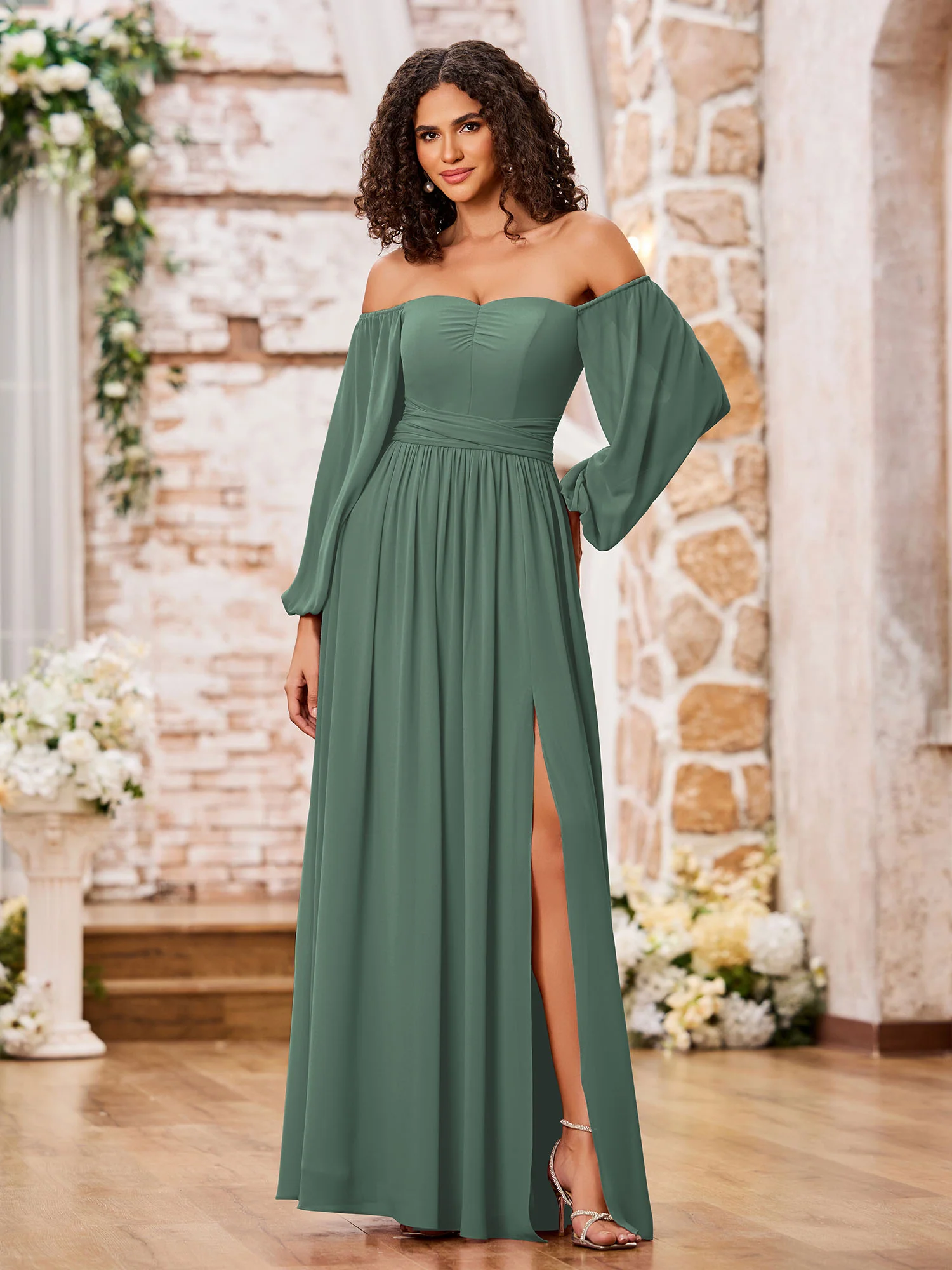 Off Shoulder Long Sleeves Chiffon Dresses with Slit Eucalyptus