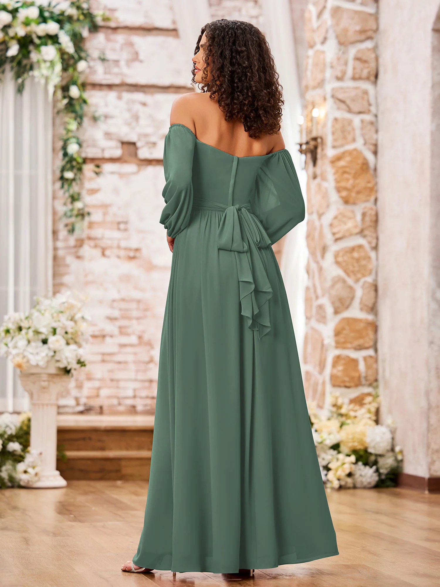 Off Shoulder Long Sleeves Chiffon Dresses with Slit Eucalyptus - Image 2