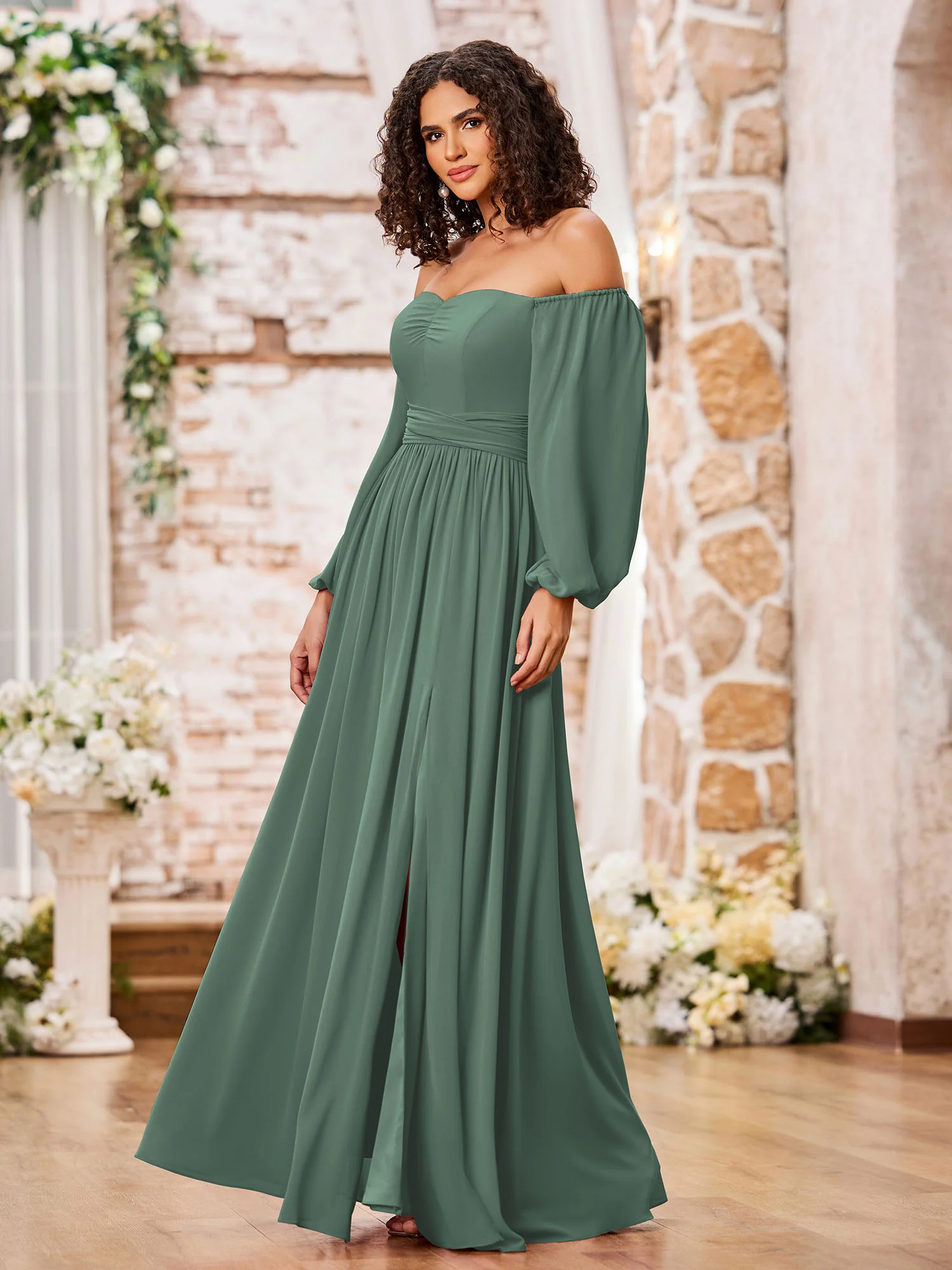 Off Shoulder Long Sleeves Chiffon Dresses with Slit Eucalyptus - Image 3