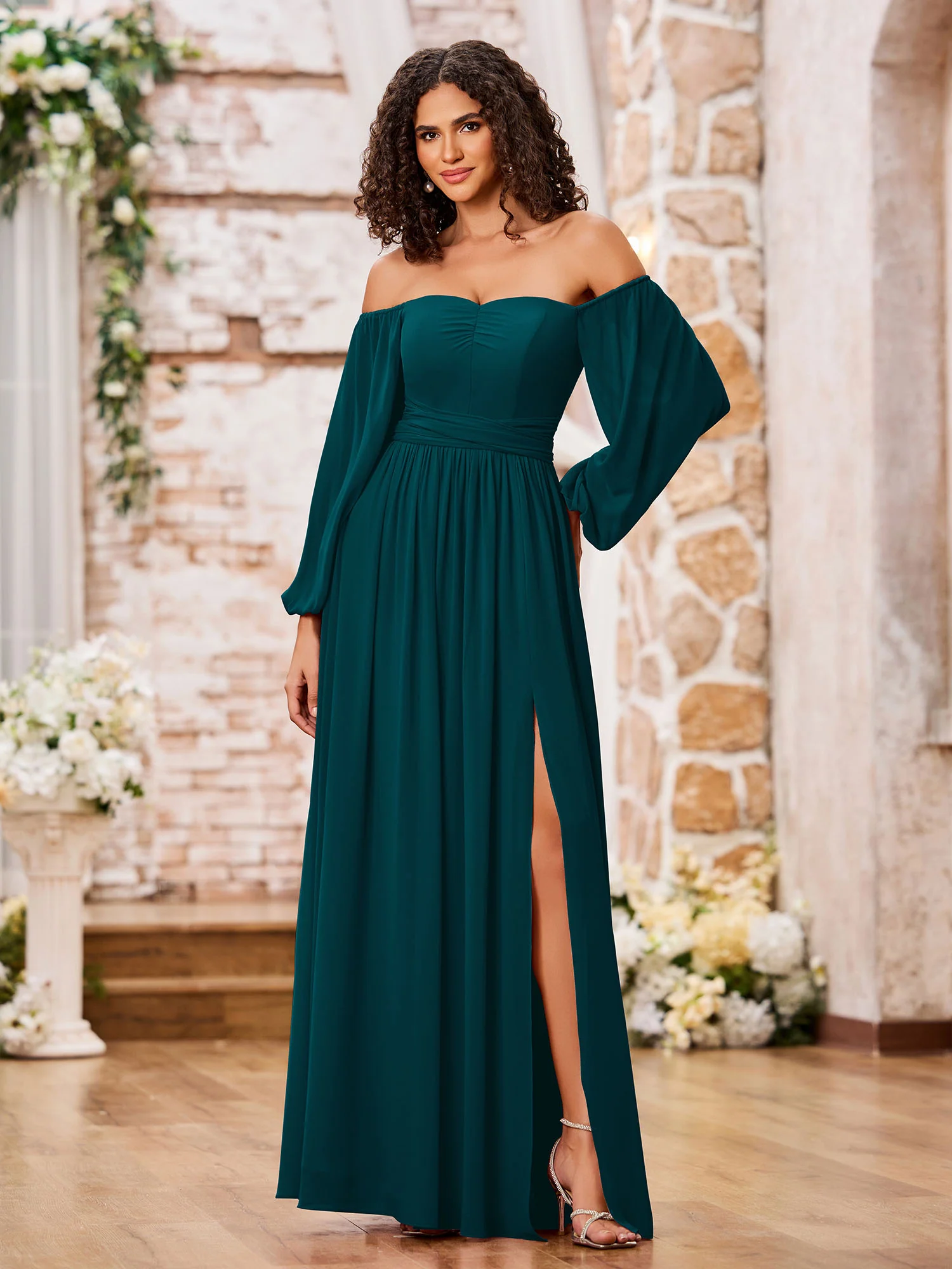 Off Shoulder Long Sleeves Chiffon Dresses with Slit Pine