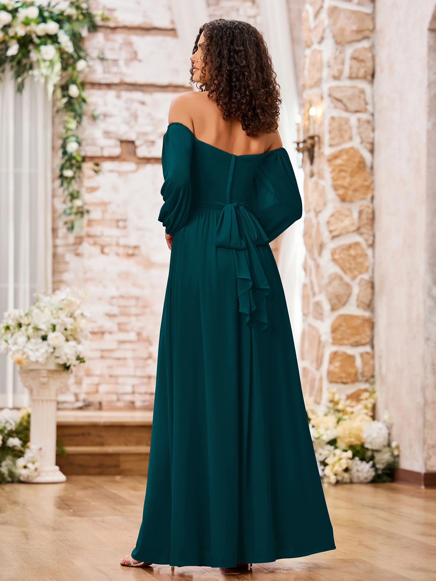 Off Shoulder Long Sleeves Chiffon Dresses with Slit Pine - Image 2