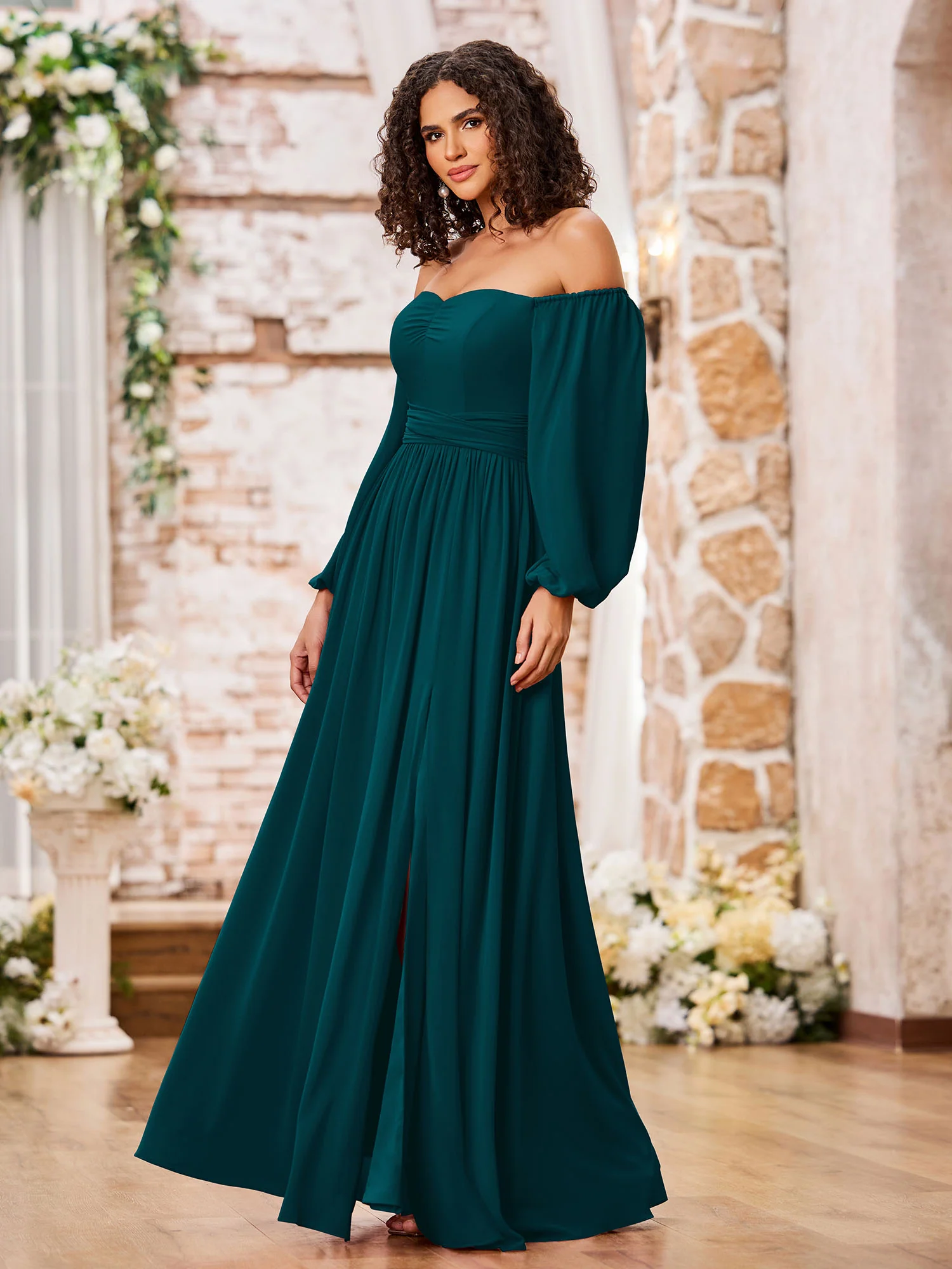 Off Shoulder Long Sleeves Chiffon Dresses with Slit Pine - Image 3