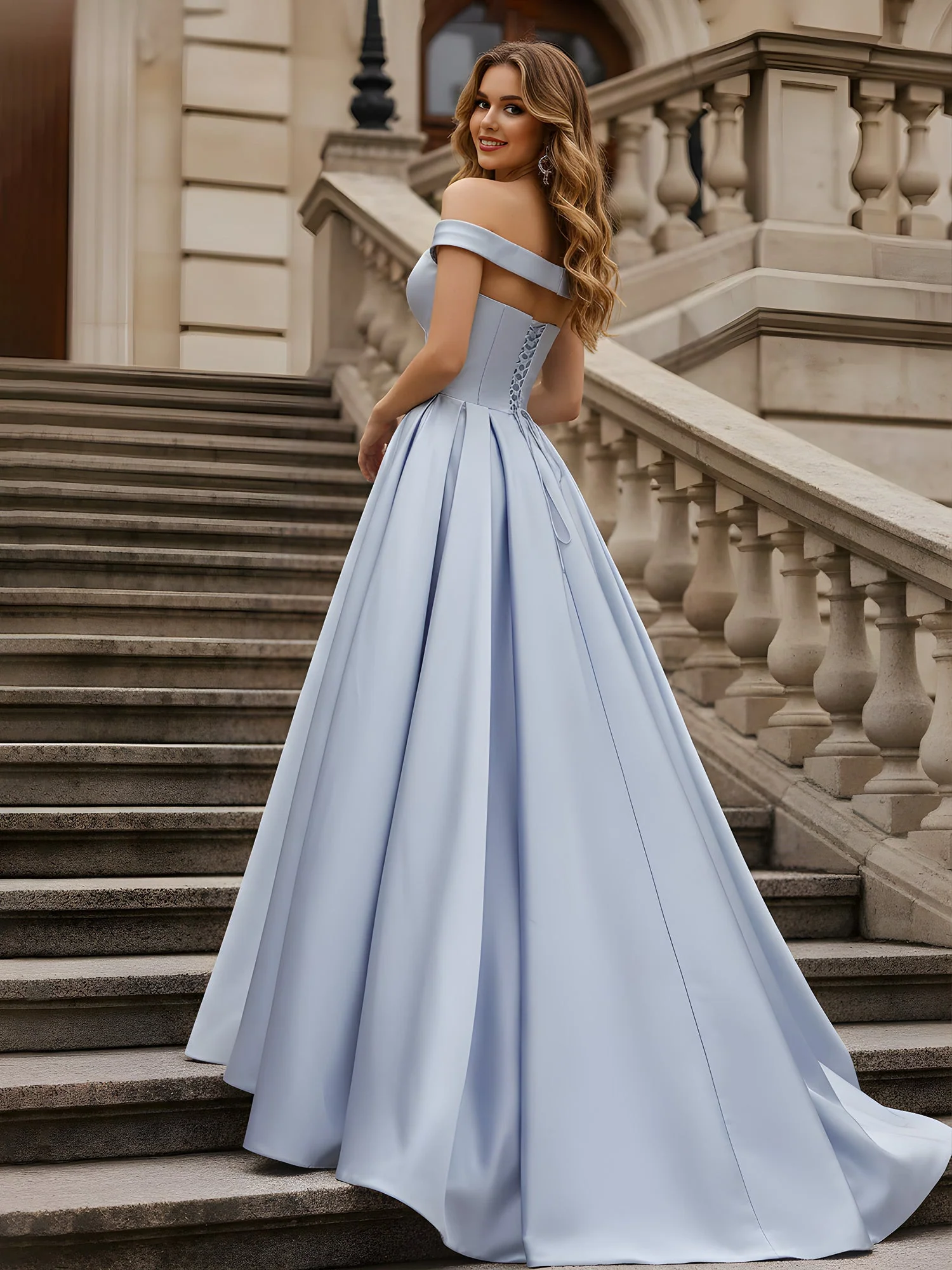 Off-Shoulder Ruched A-Line Satin Gown Lavender - Image 2