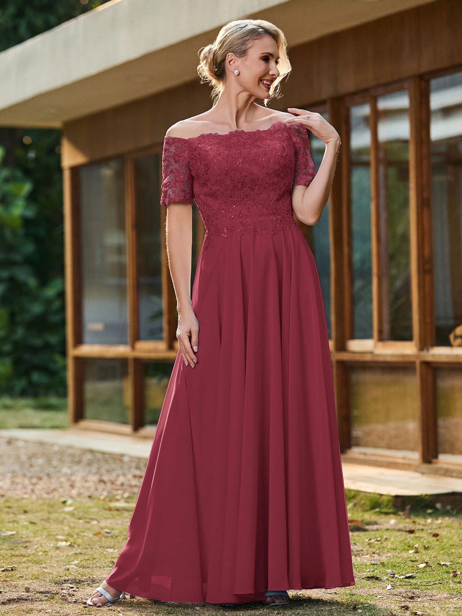 Off-shoulder Short Sleeve Lace A-line Long Gown Cinnamon Rose