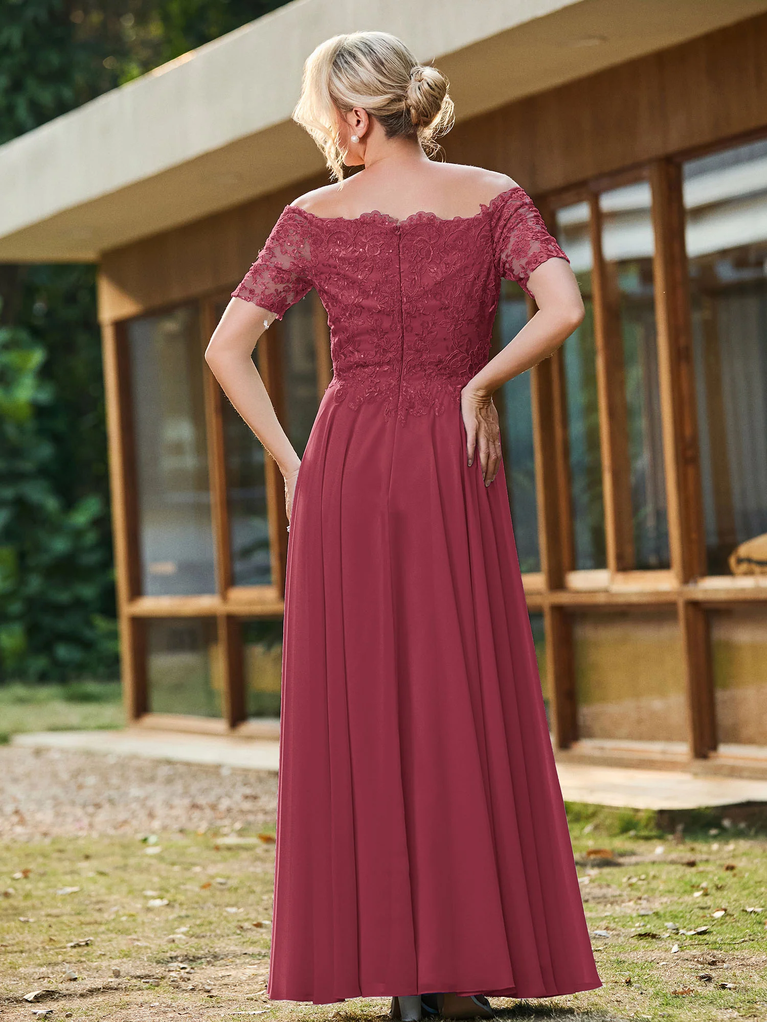 Off-shoulder Short Sleeve Lace A-line Long Gown Cinnamon Rose - Image 2