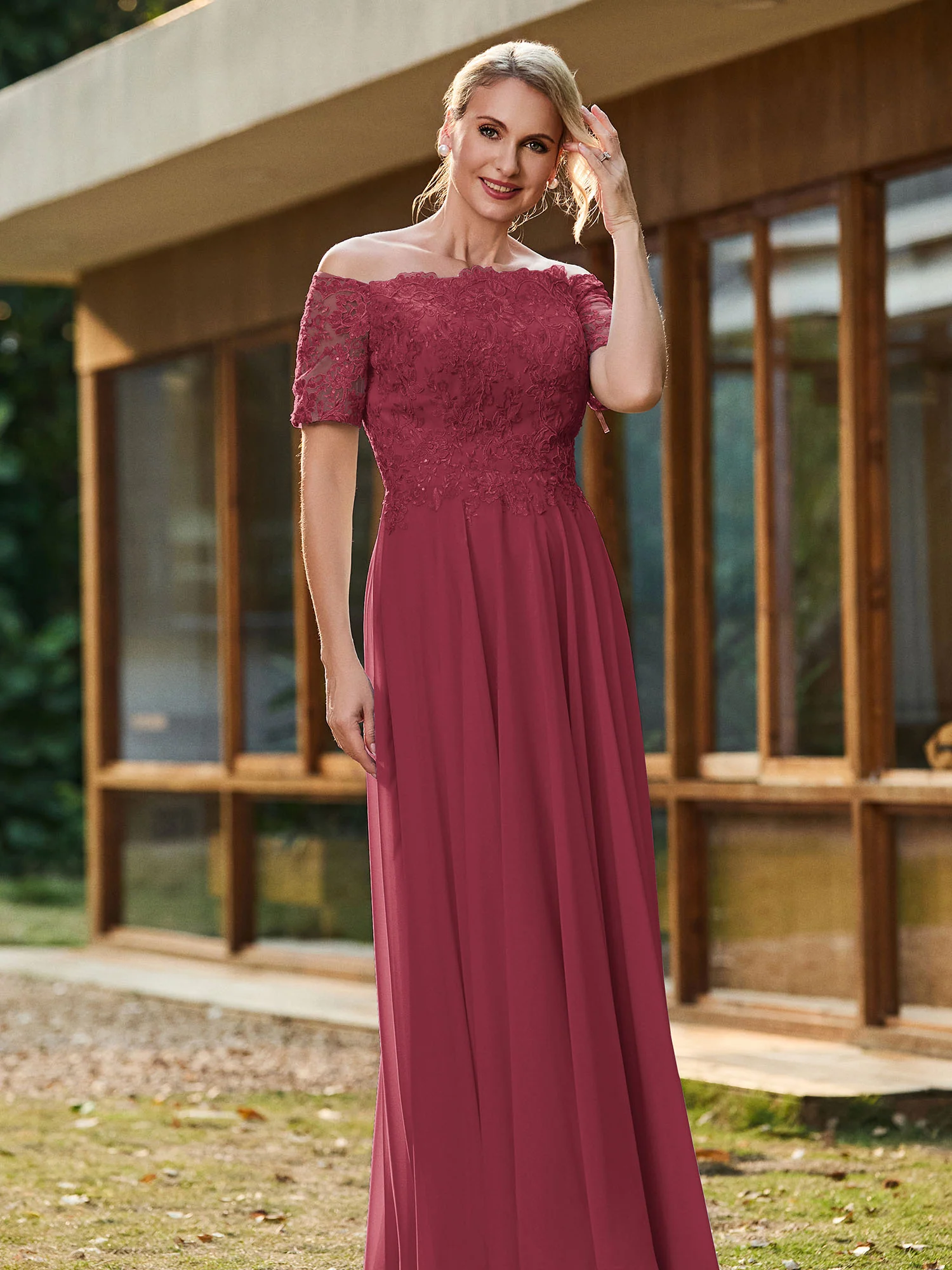 Off-shoulder Short Sleeve Lace A-line Long Gown Cinnamon Rose - Image 3