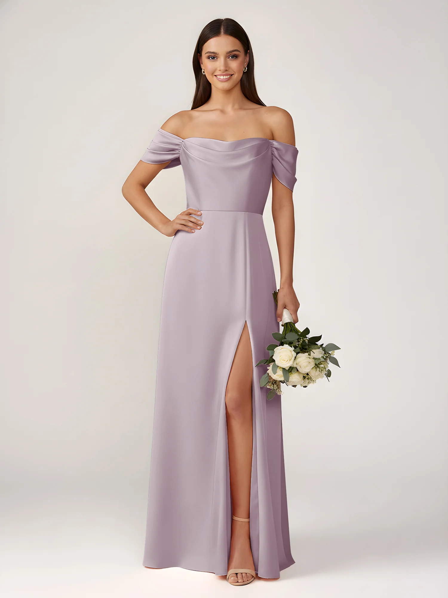 Off-The-Shoulder A-Line Floor Length Dresses With Slit Dusk