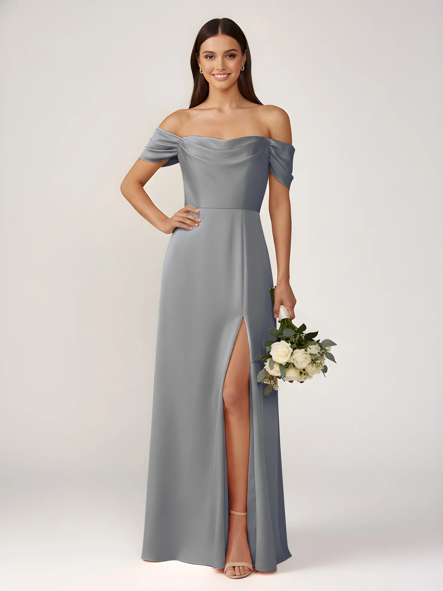 Off-The-Shoulder A-Line Floor Length Dresses With Slit Steel Grey