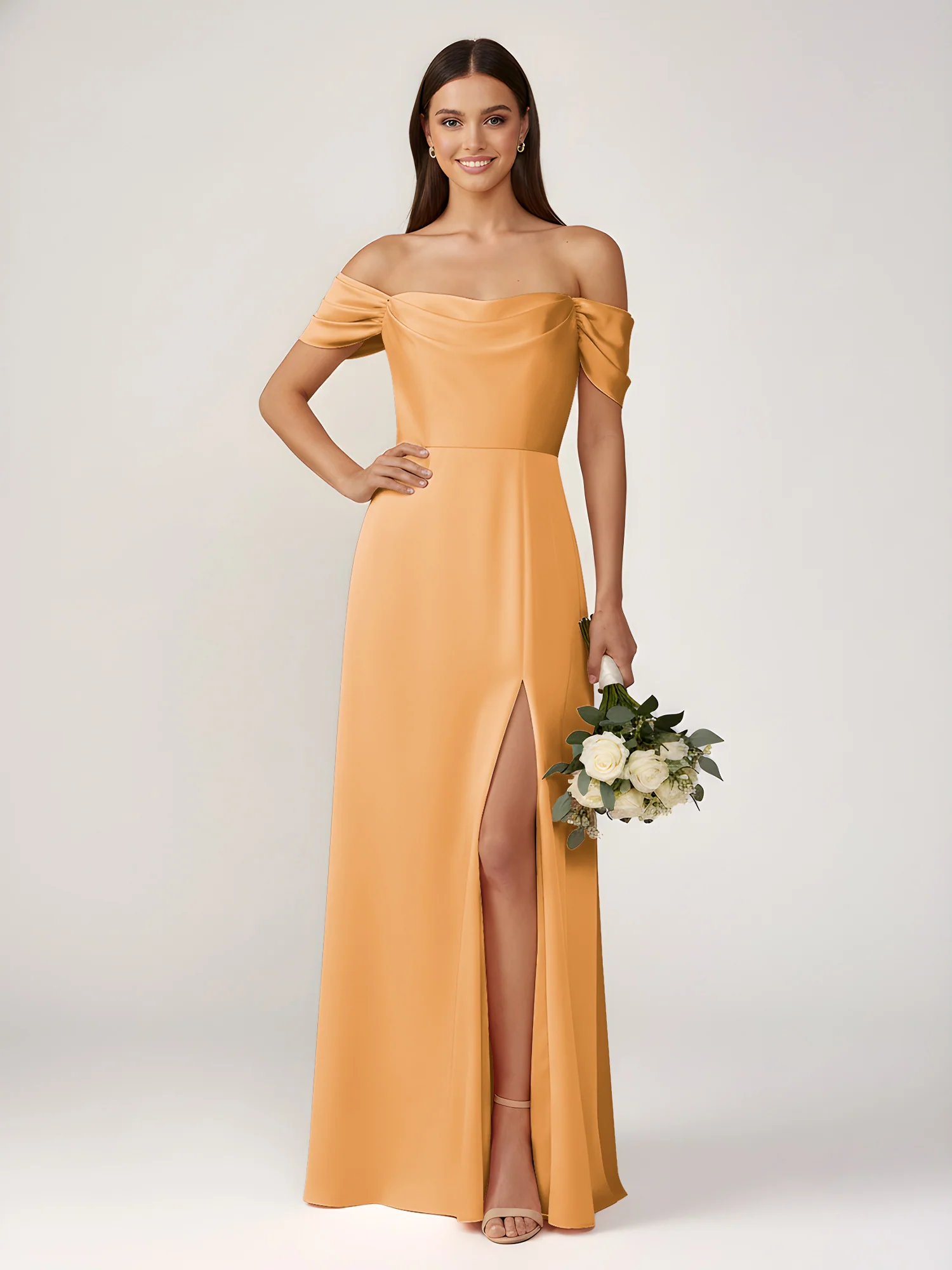Off-The-Shoulder A-Line Floor Length Dresses With Slit Tangerine