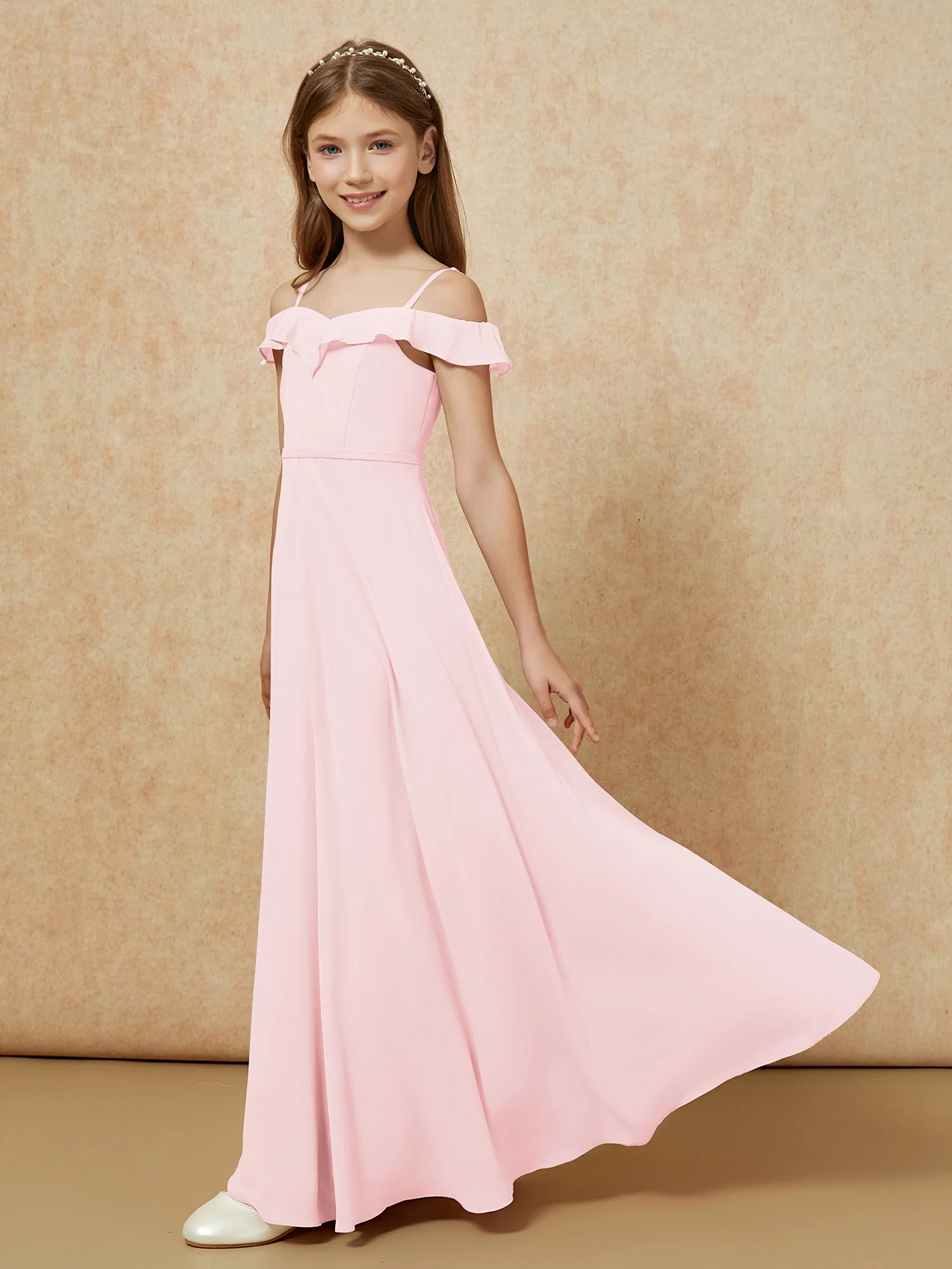 Off-the-shoulder A-Line Junior Bridesmaid Dresses Blushing Pink - Image 3