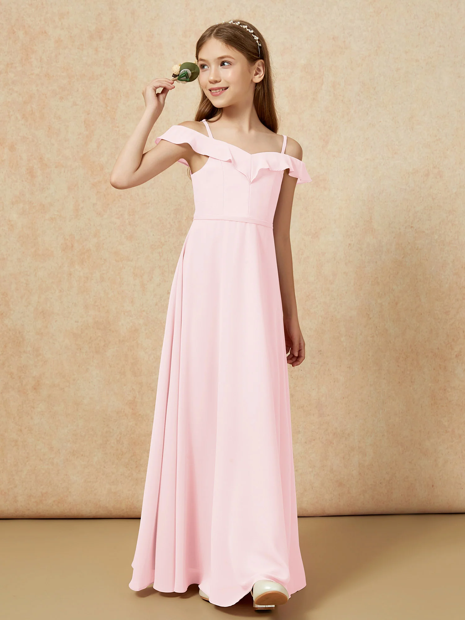 Off-the-shoulder A-Line Junior Bridesmaid Dresses Blushing Pink - Image 4