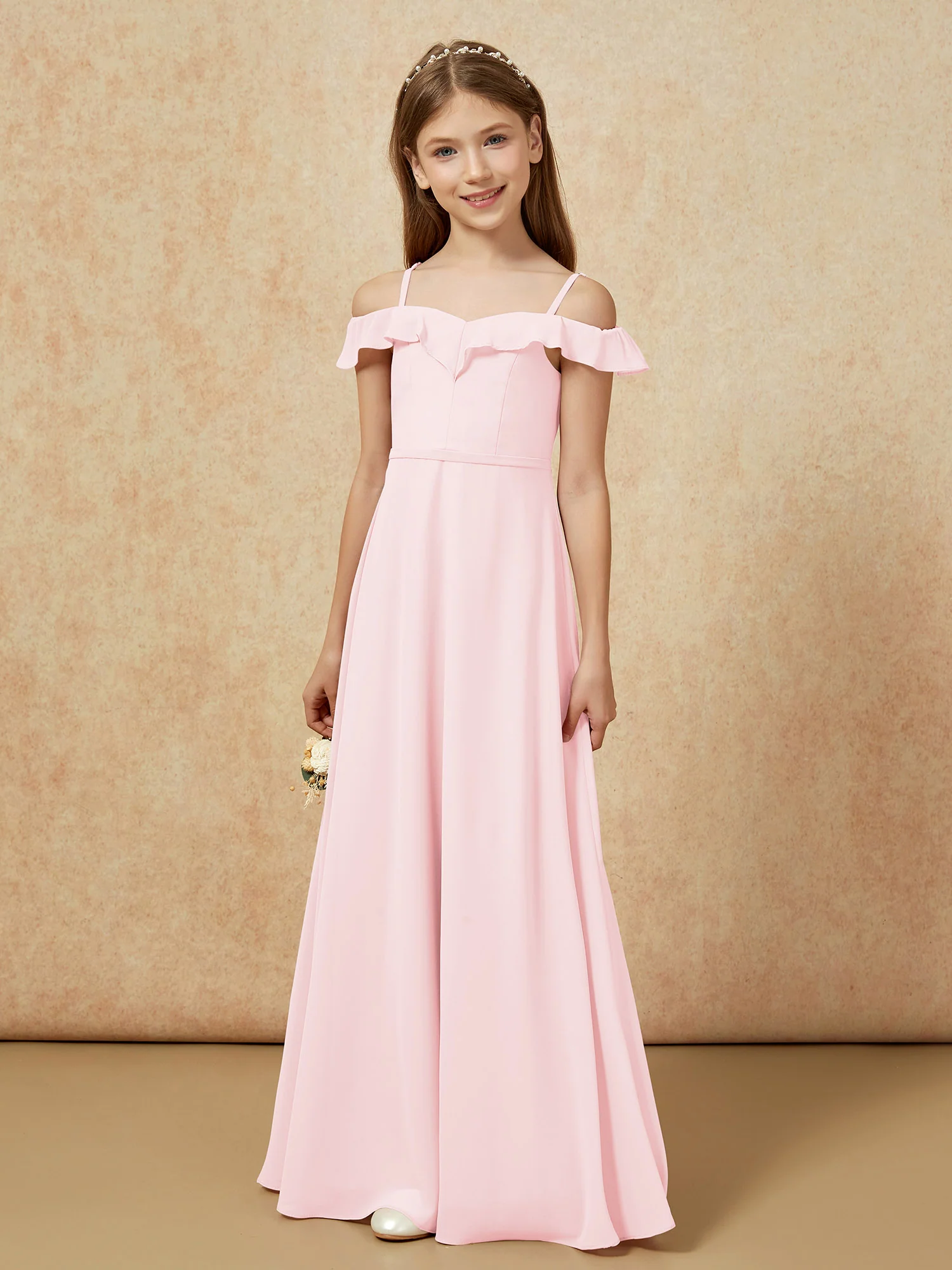 Off-the-shoulder A-Line Junior Bridesmaid Dresses Blushing Pink - Image 5