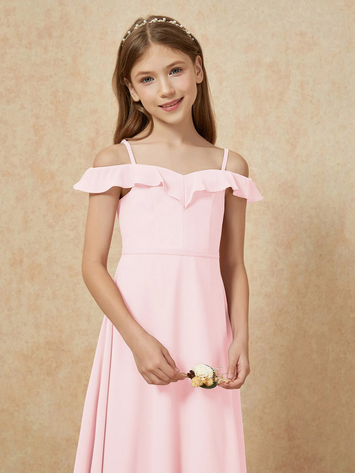 Off-the-shoulder A-Line Junior Bridesmaid Dresses Blushing Pink - Image 6