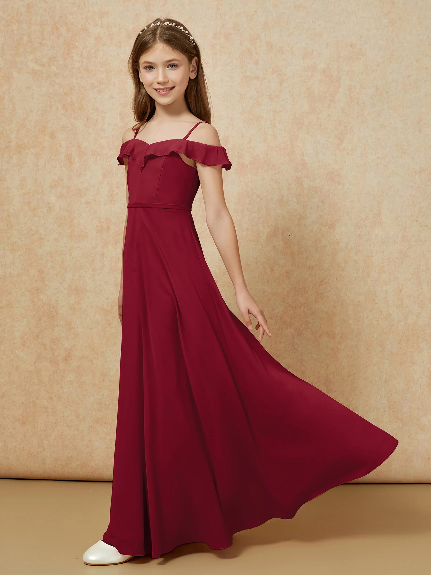 Off-the-shoulder A-Line Junior Bridesmaid Dresses Burgundy - Image 3