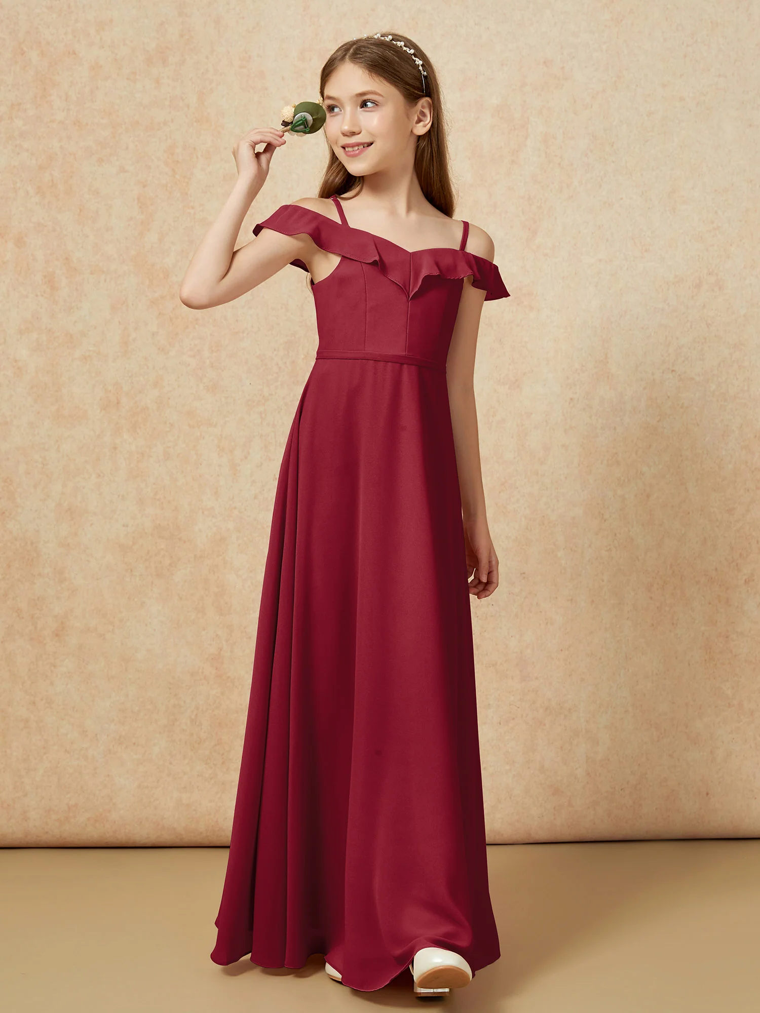 Off-the-shoulder A-Line Junior Bridesmaid Dresses Burgundy - Image 4