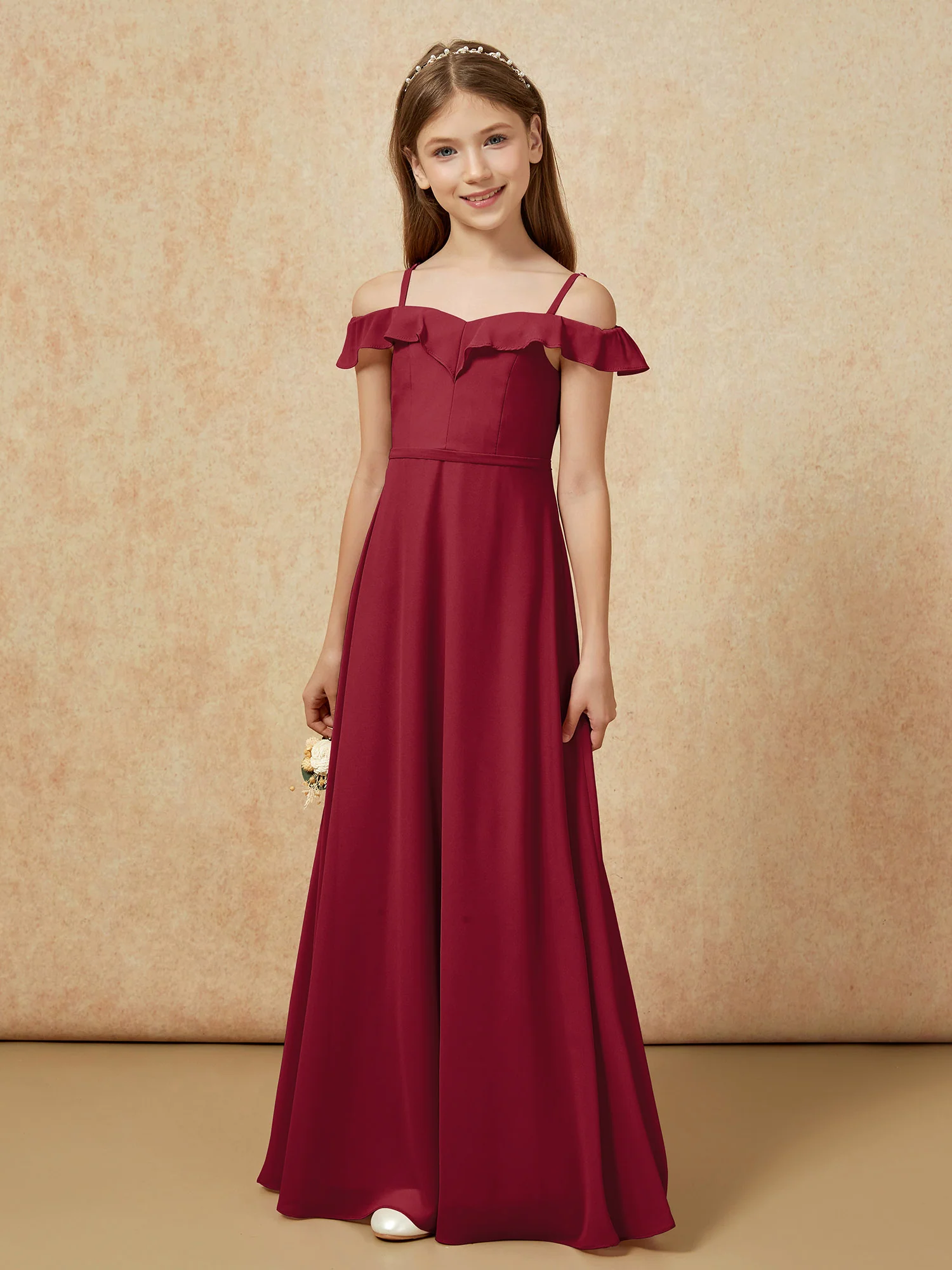 Off-the-shoulder A-Line Junior Bridesmaid Dresses Burgundy - Image 5