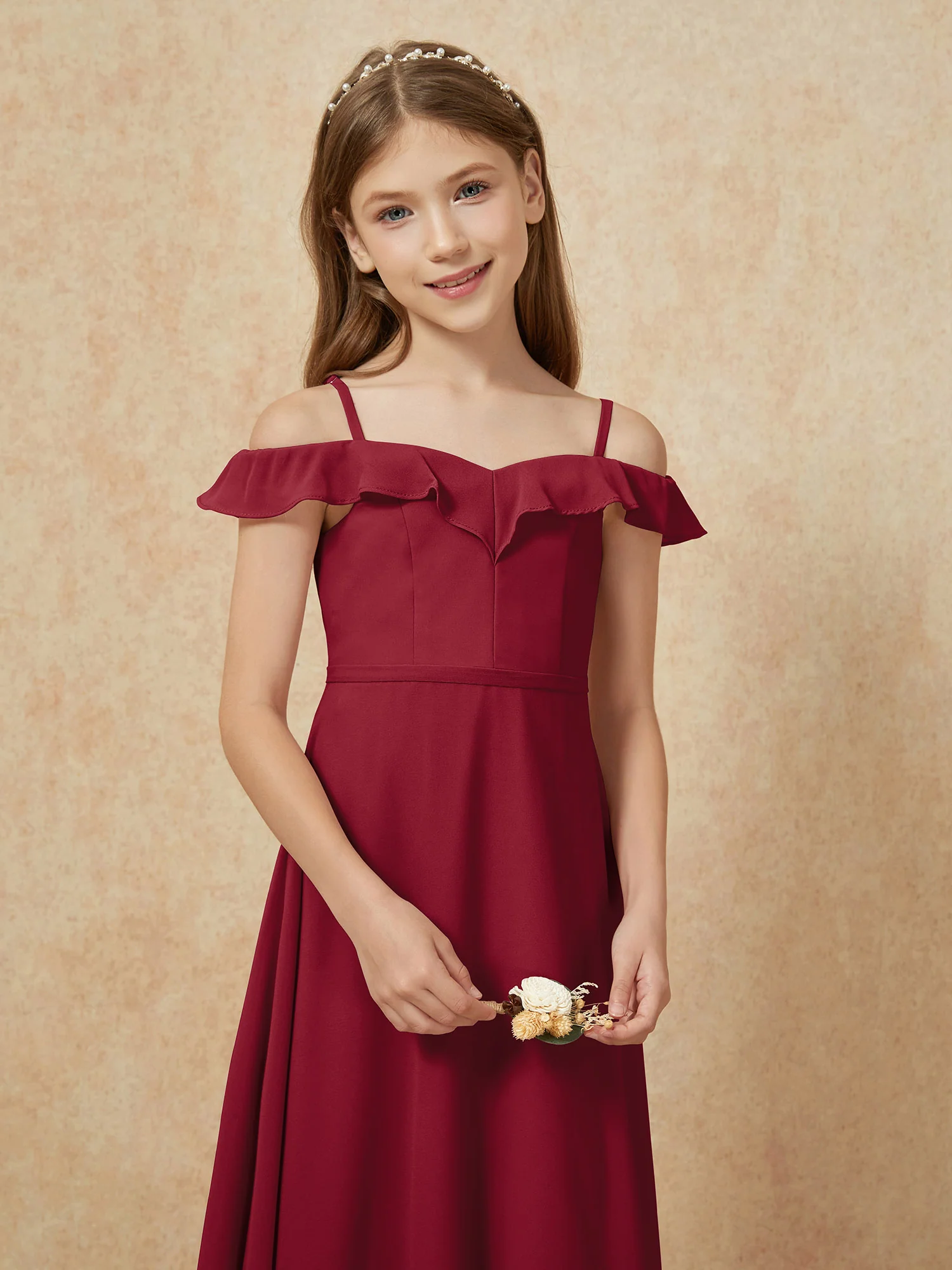 Off-the-shoulder A-Line Junior Bridesmaid Dresses Burgundy - Image 6