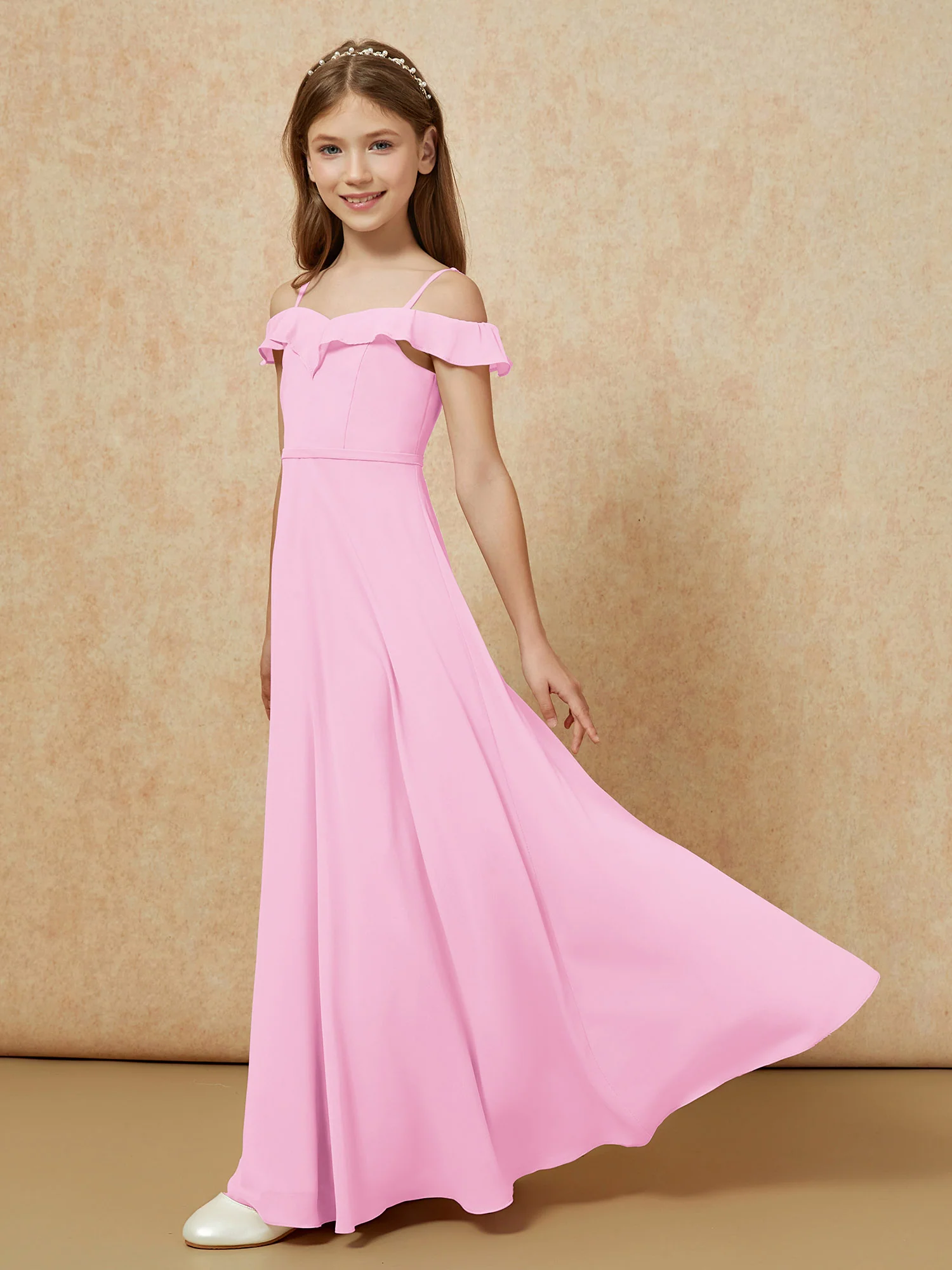 Off-the-shoulder A-Line Junior Bridesmaid Dresses Candy Pink - Image 3