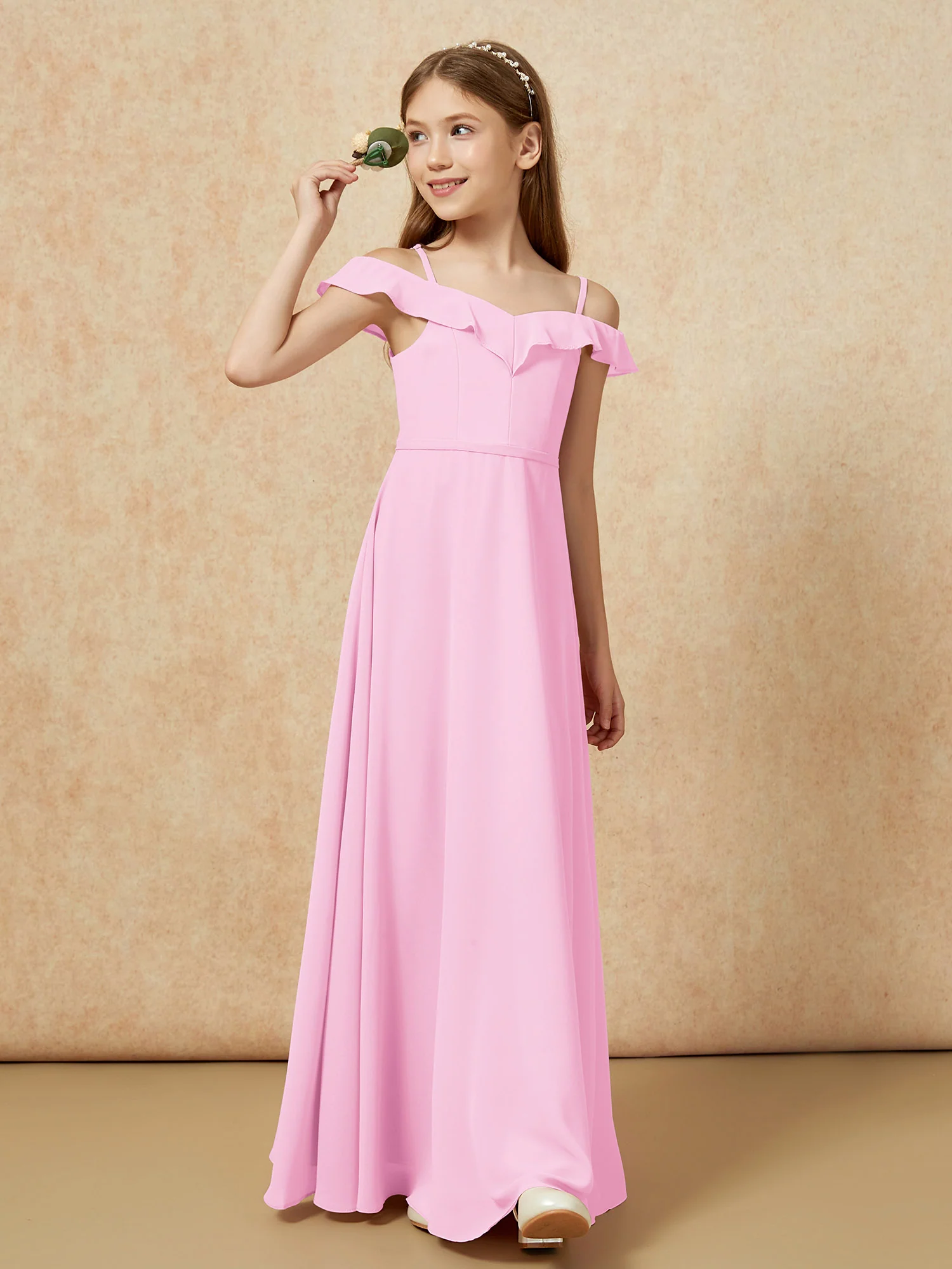 Off-the-shoulder A-Line Junior Bridesmaid Dresses Candy Pink - Image 4