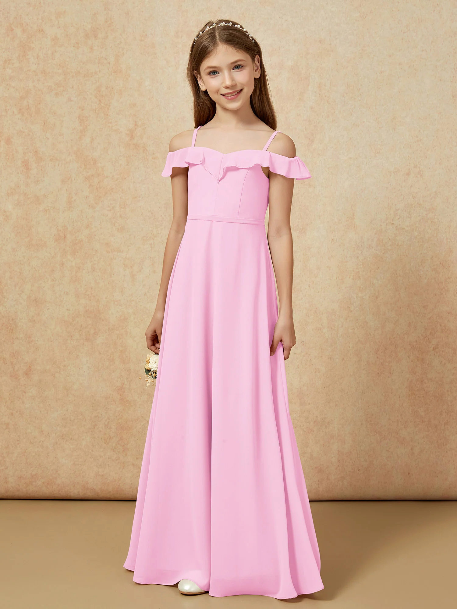 Off-the-shoulder A-Line Junior Bridesmaid Dresses Candy Pink - Image 5