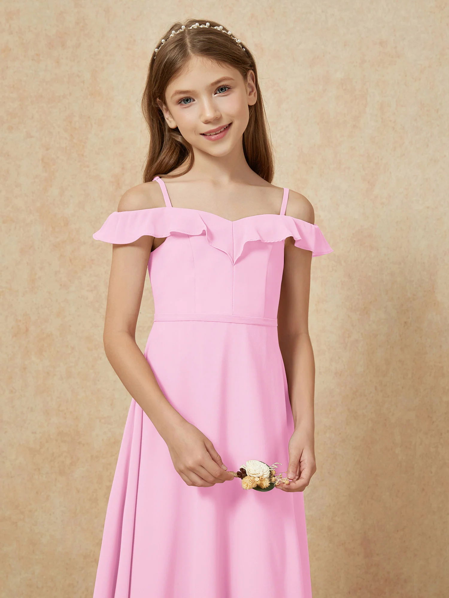 Off-the-shoulder A-Line Junior Bridesmaid Dresses Candy Pink - Image 6