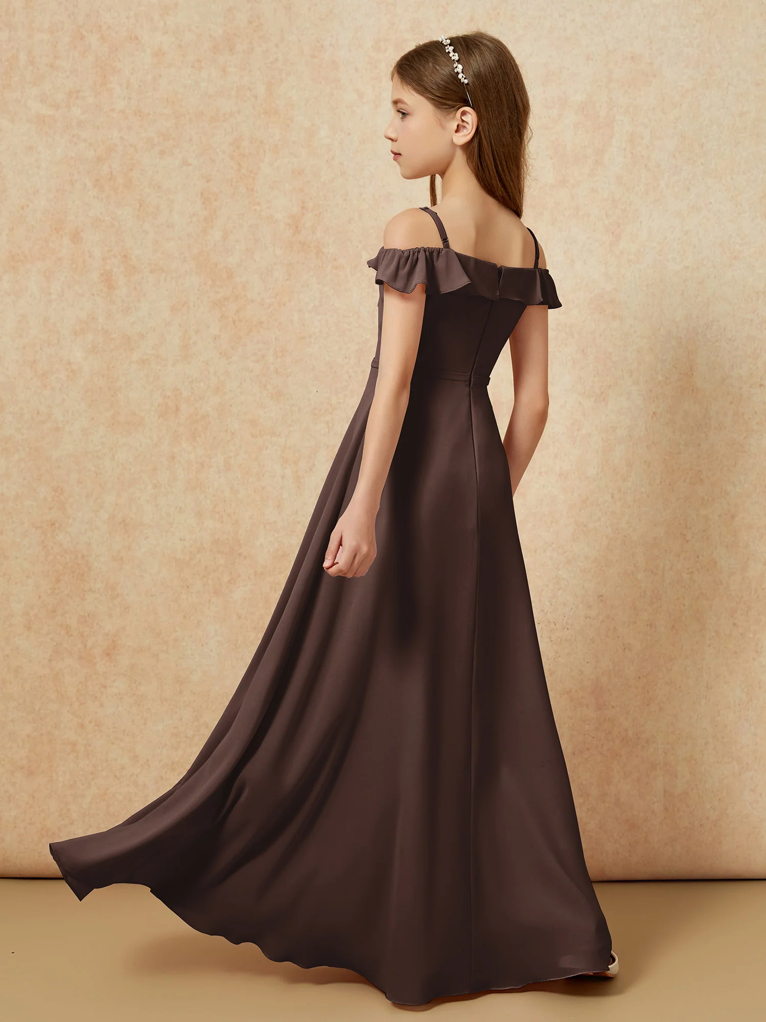 Off-the-shoulder A-Line Junior Bridesmaid Dresses Chocolate - Image 2
