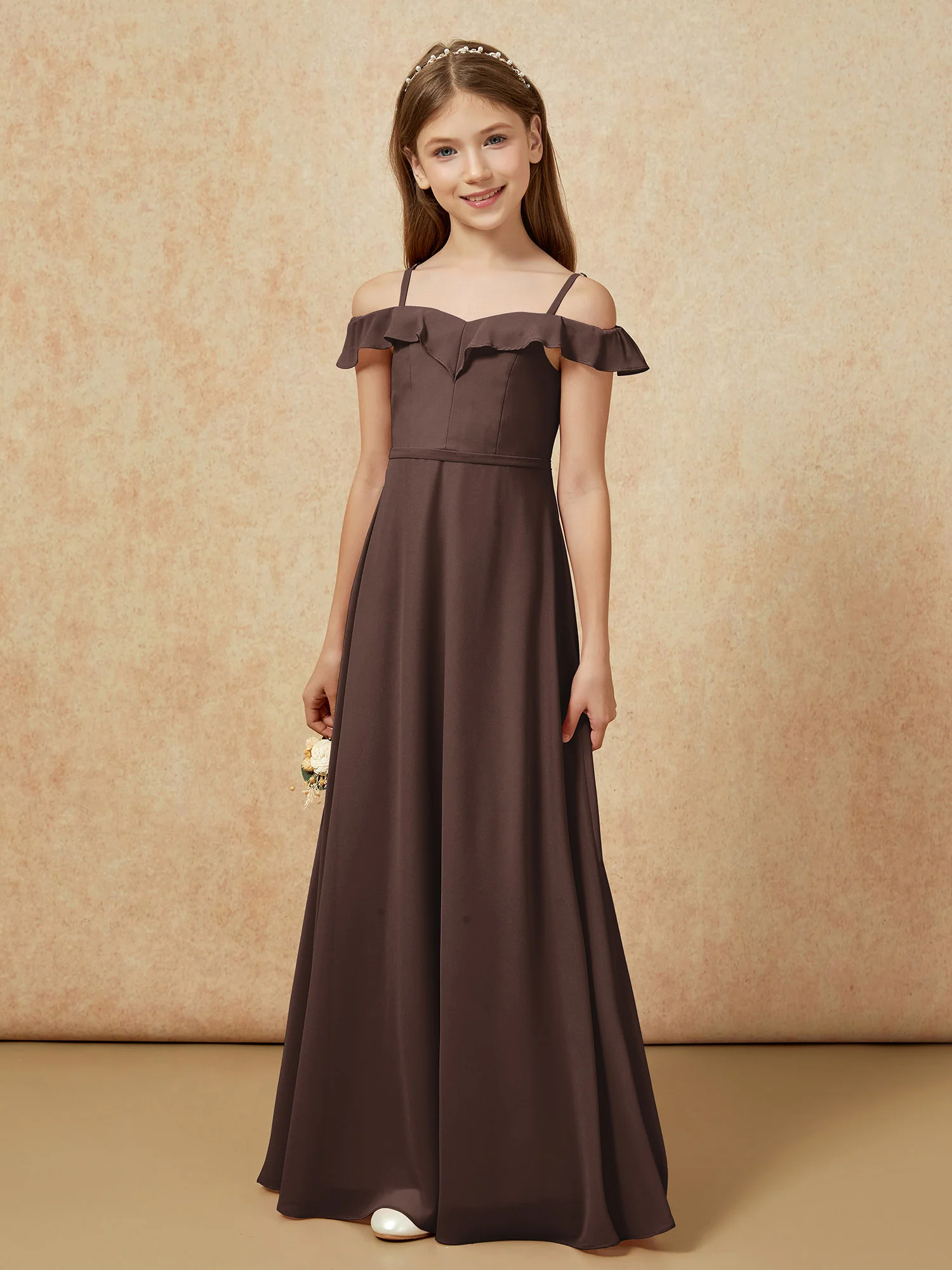 Off-the-shoulder A-Line Junior Bridesmaid Dresses Chocolate - Image 5
