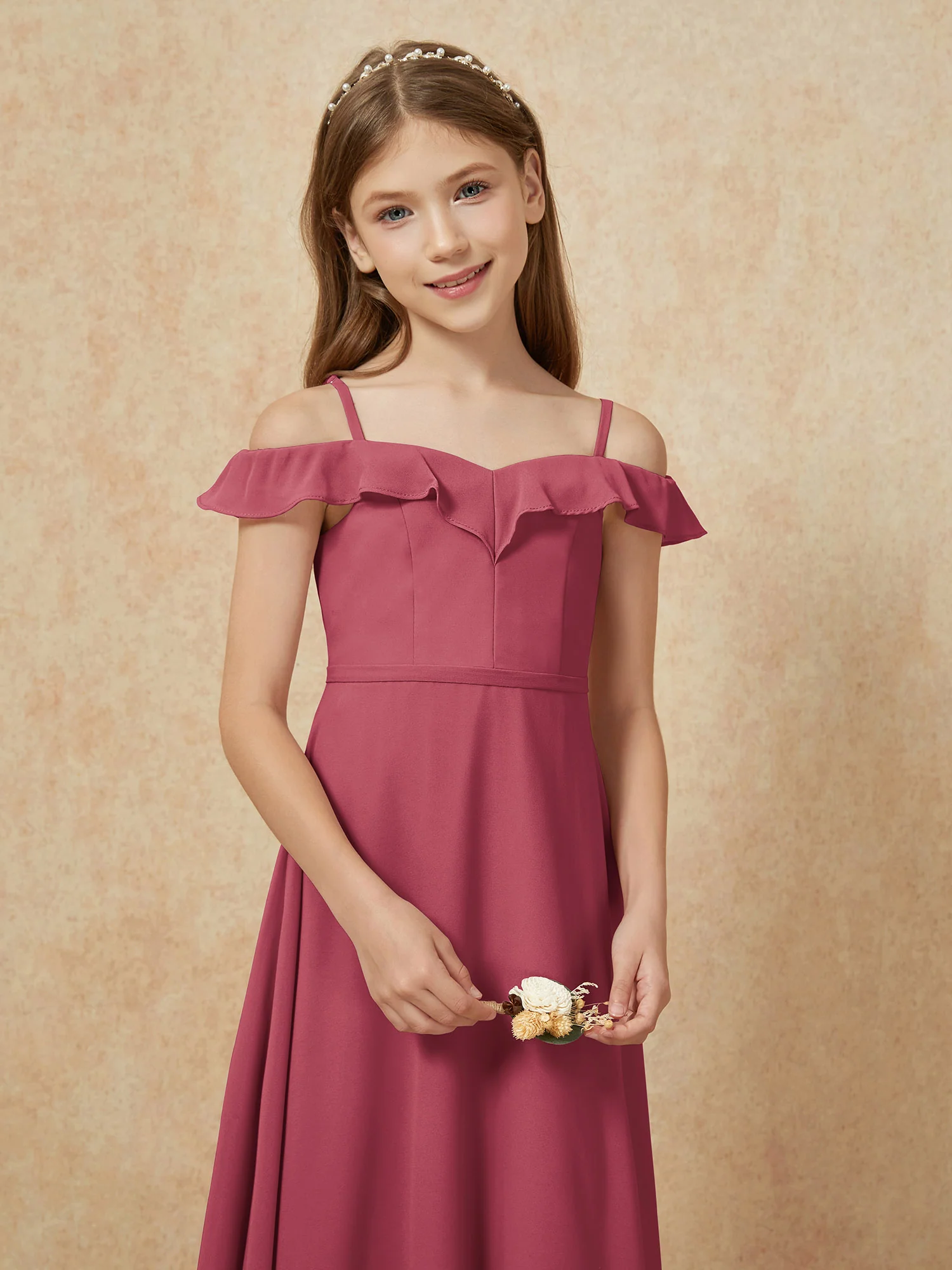 Off-the-shoulder A-Line Junior Bridesmaid Dresses Cinnamon Rose - Image 6