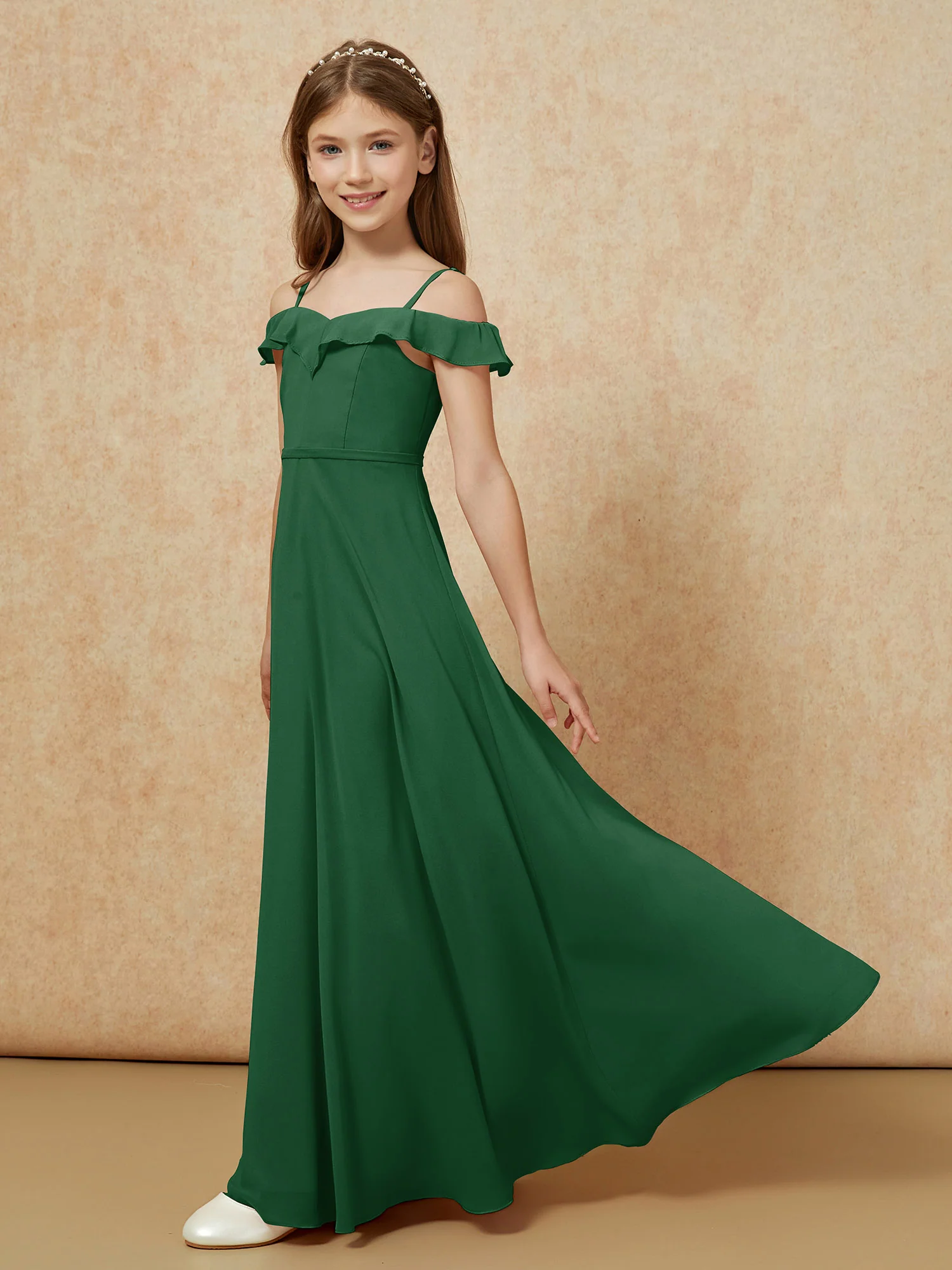 Off-the-shoulder A-Line Junior Bridesmaid Dresses Dark Green - Image 3