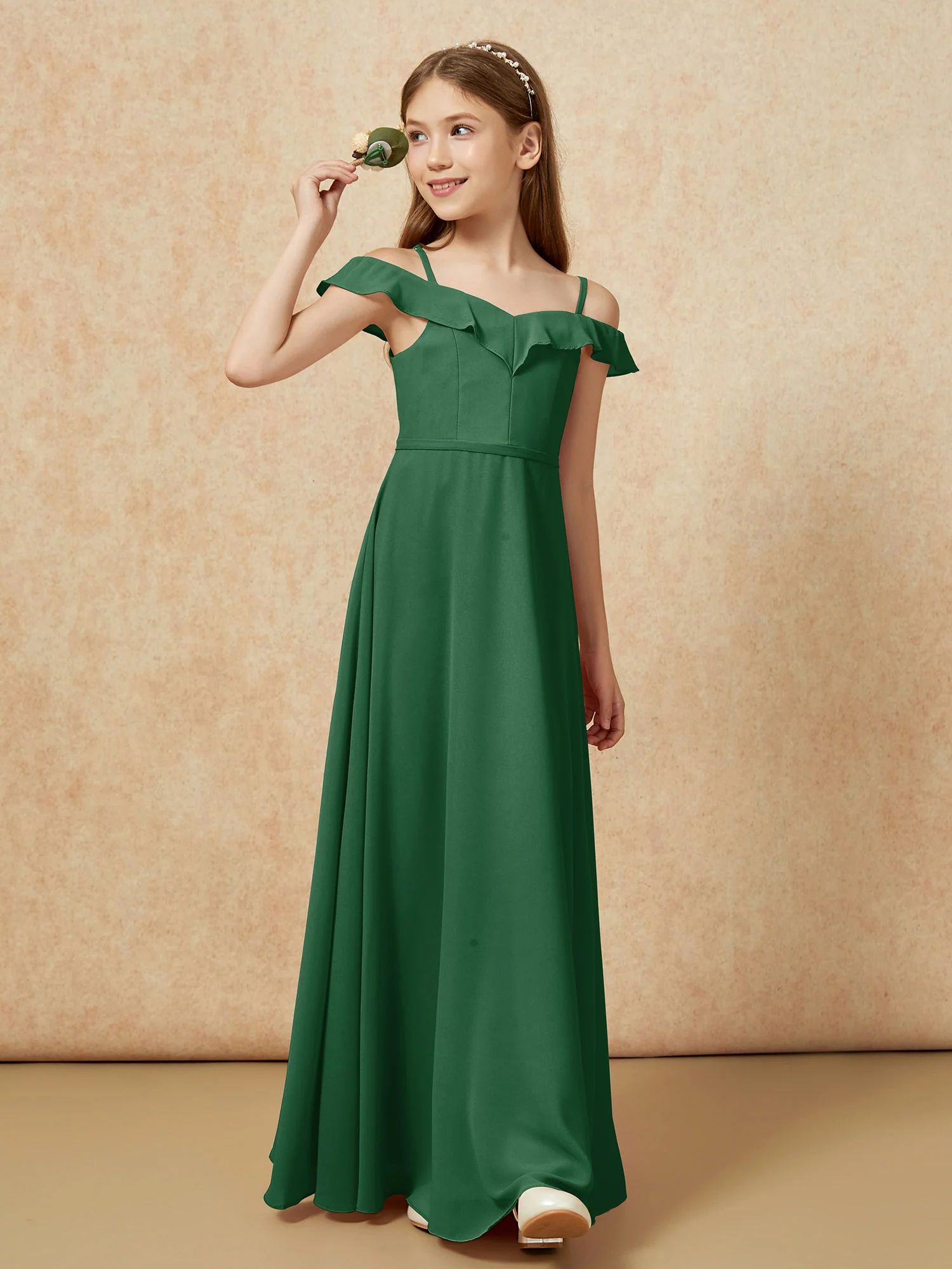 Off-the-shoulder A-Line Junior Bridesmaid Dresses Dark Green - Image 4
