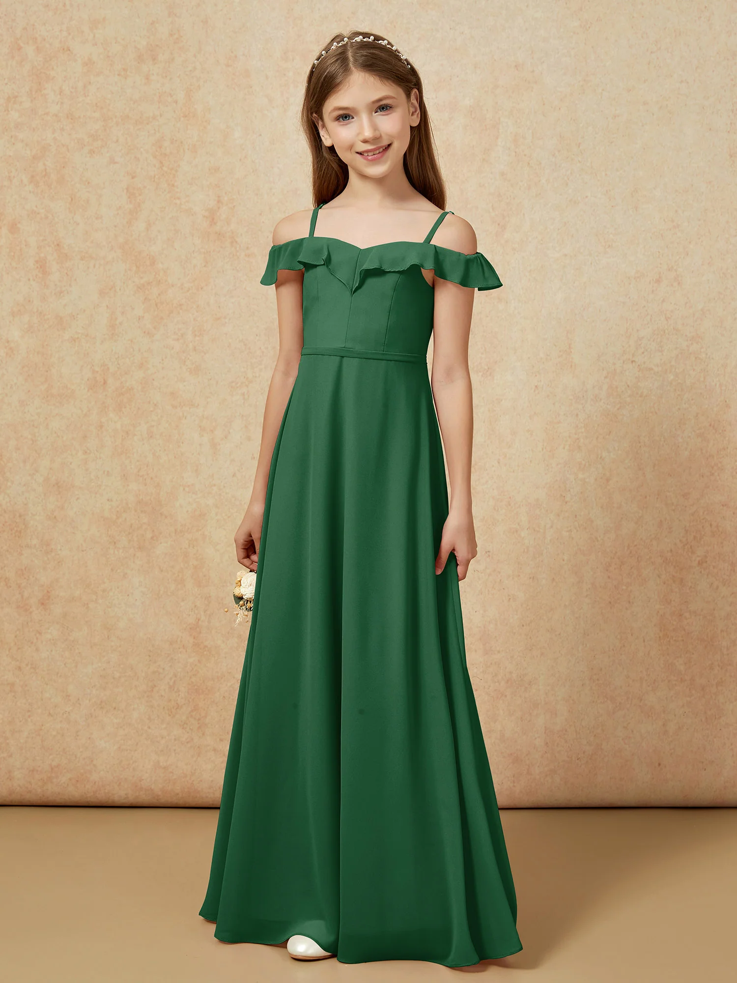 Off-the-shoulder A-Line Junior Bridesmaid Dresses Dark Green - Image 5