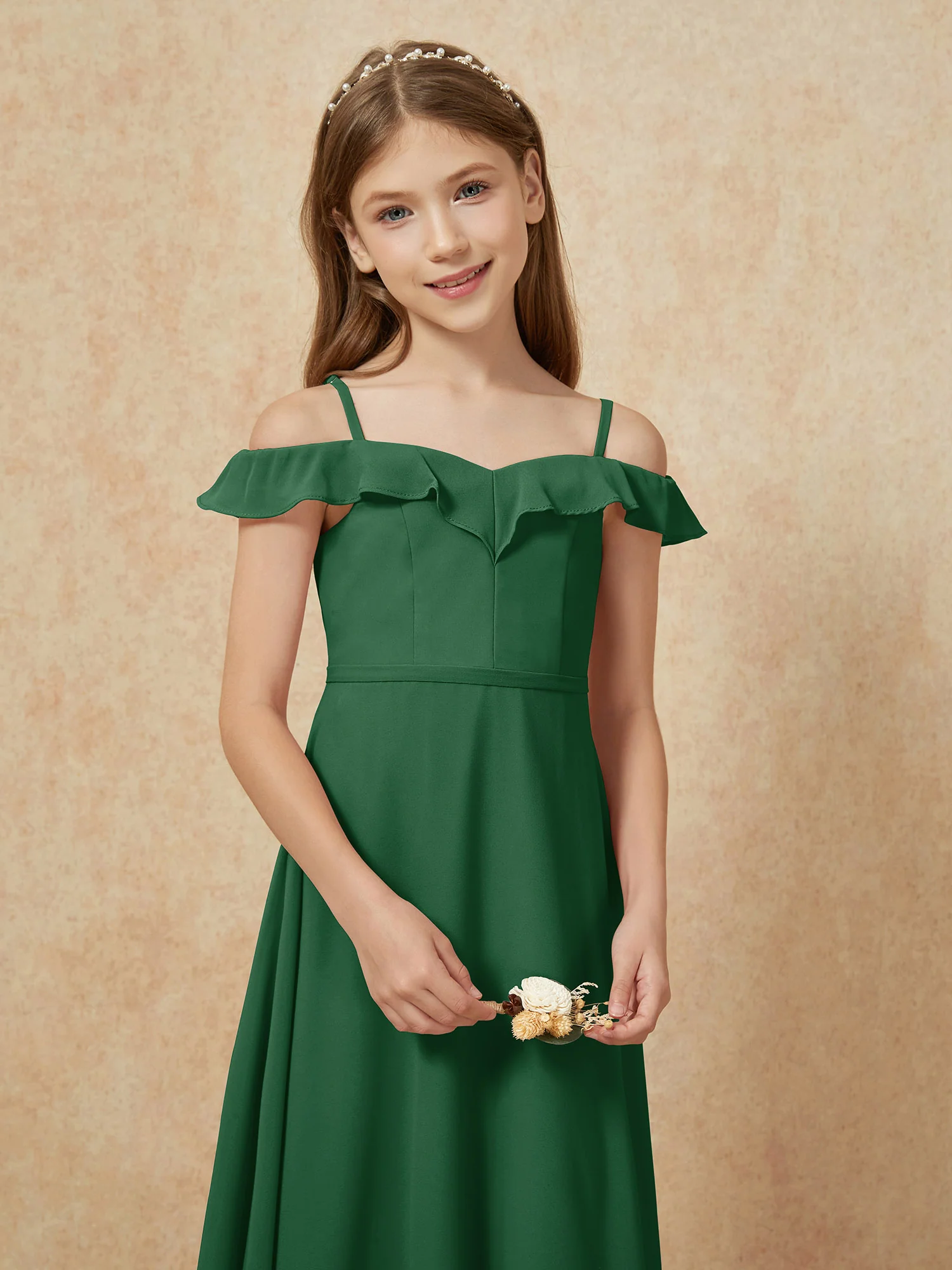 Off-the-shoulder A-Line Junior Bridesmaid Dresses Dark Green - Image 6