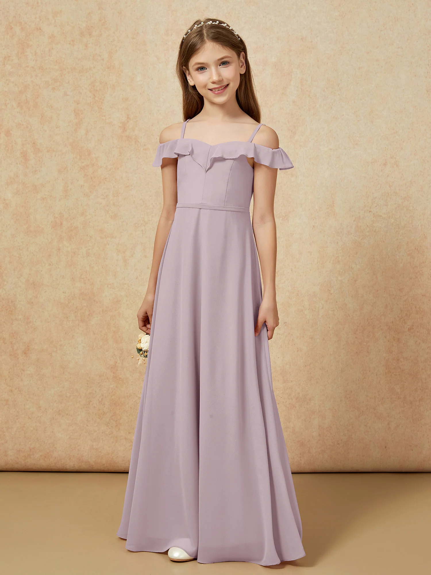 Off-the-shoulder A-Line Junior Bridesmaid Dresses Dusk - Image 5