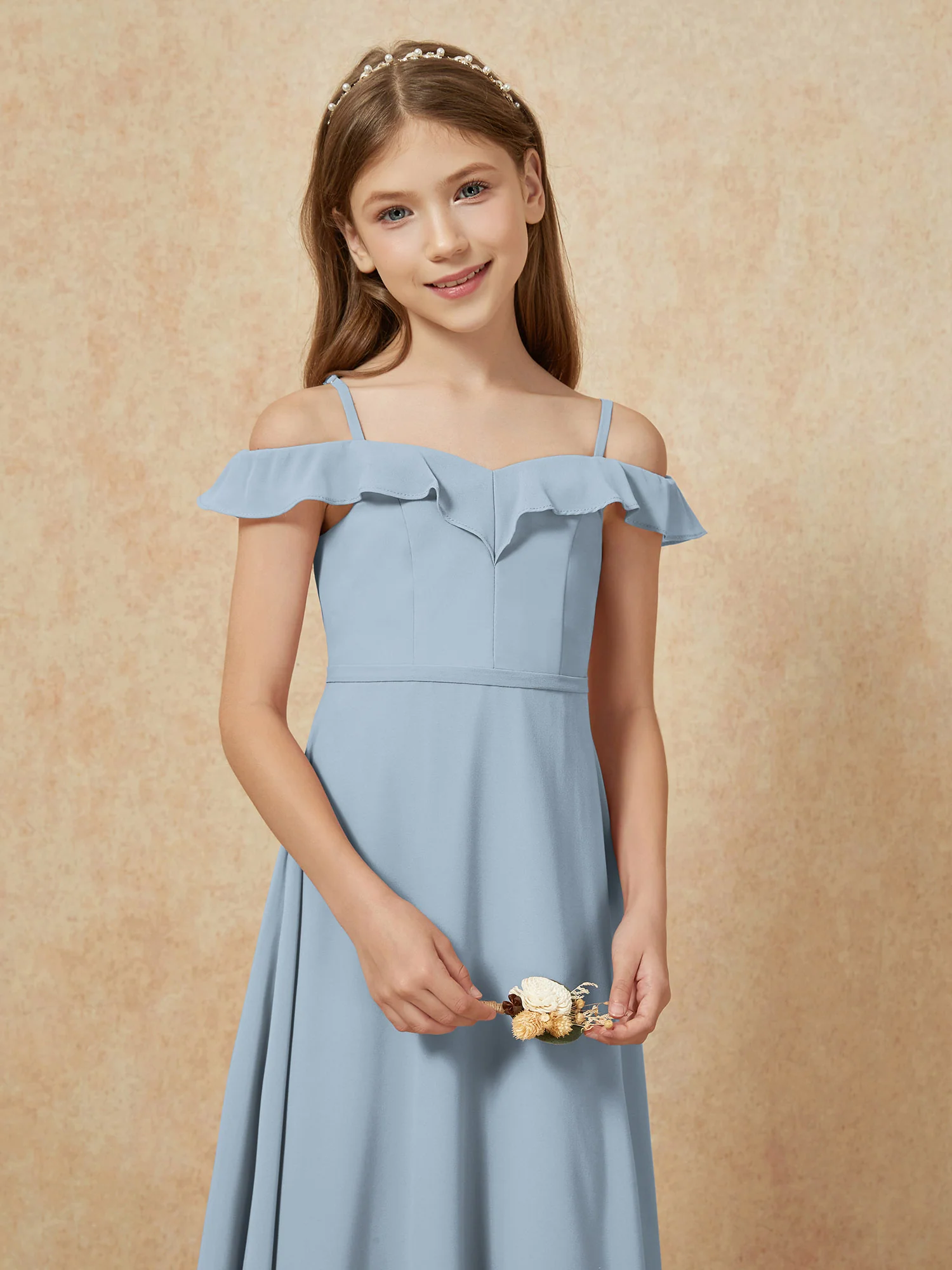Off-the-shoulder A-Line Junior Bridesmaid Dresses Dusty Blue - Image 6